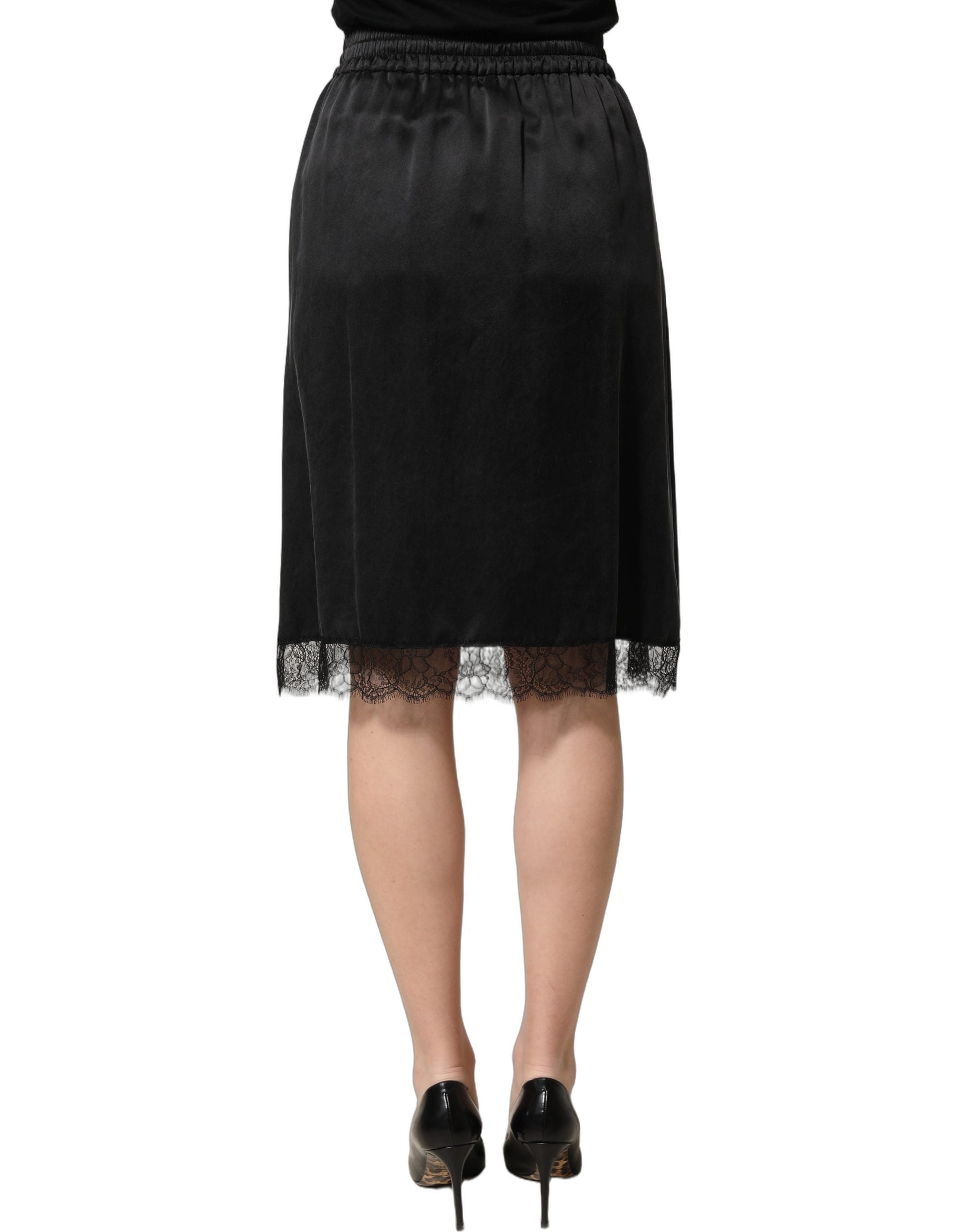 Dolce & Gabbana Black Lace Trimmed Satin Side Slit Women's Skirt