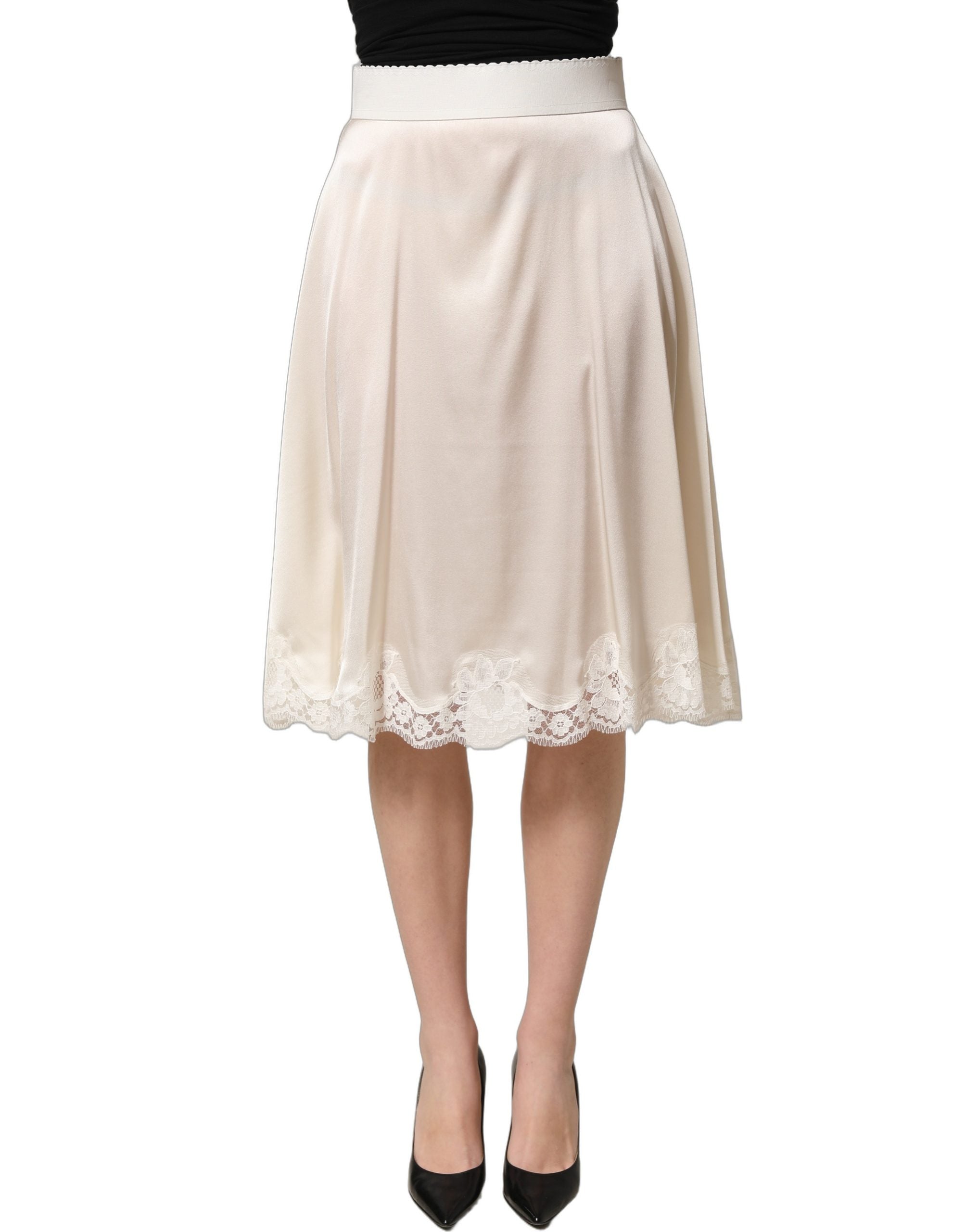 Dolce & Gabbana Off White Lace Trimmed Satin High Waist Women's Skirt