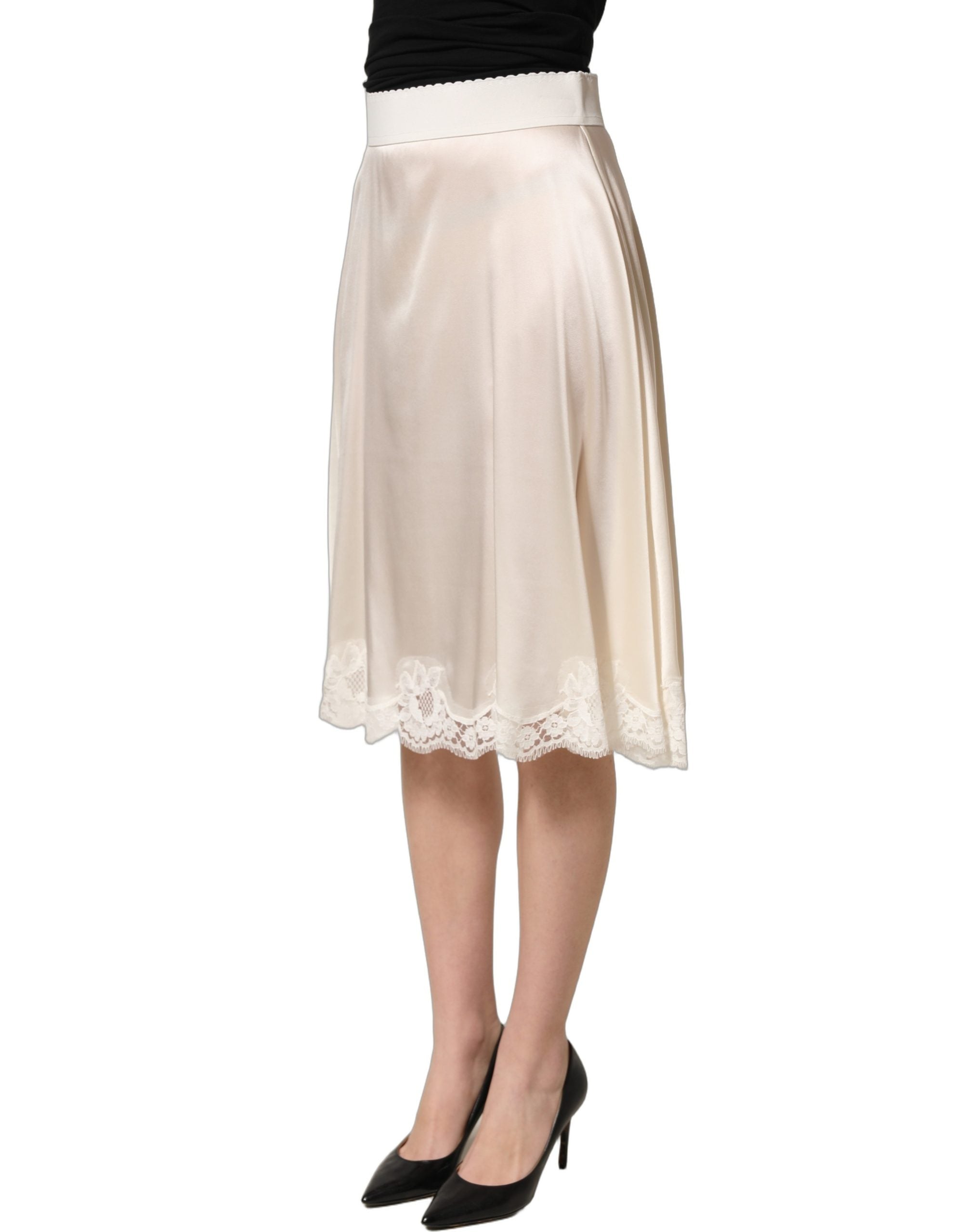 Dolce & Gabbana Off White Lace Trimmed Satin High Waist Women's Skirt