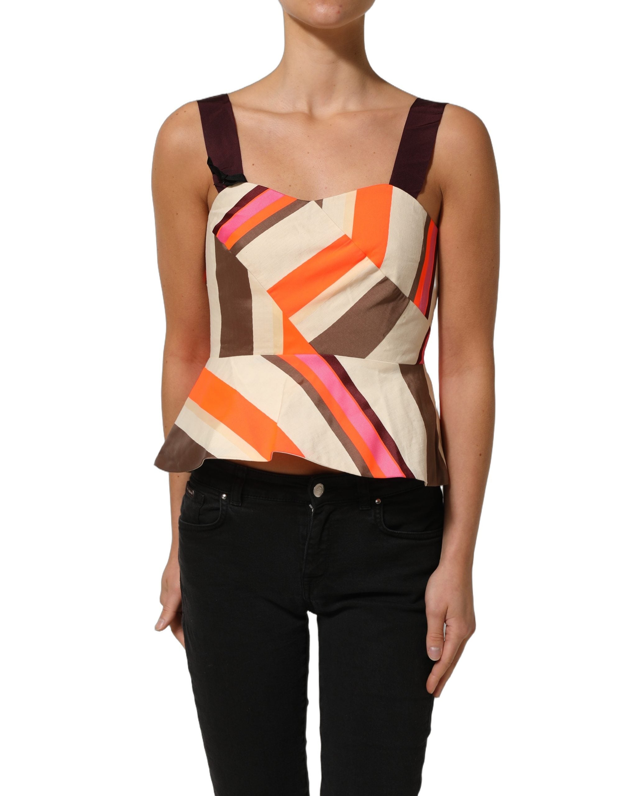PINKO Multicolor Striped Cotton Sleeveless Draped Peplum Women's Top (Pre-Owned)