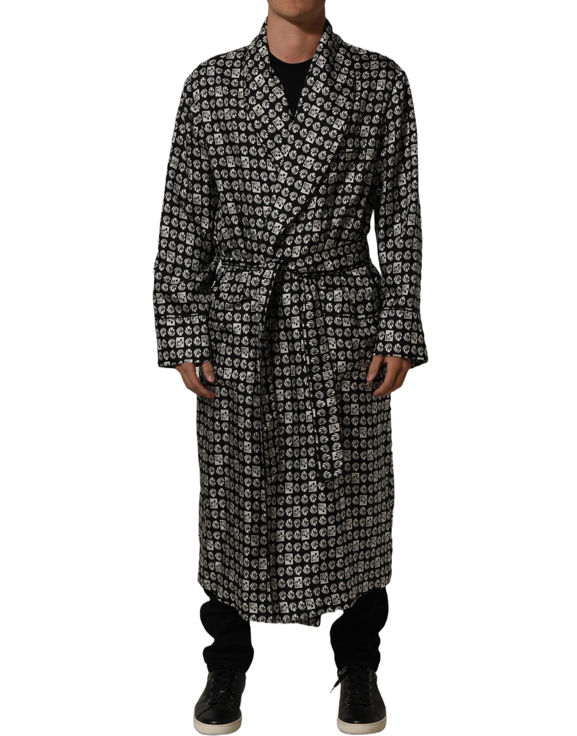 Dolce & Gabbana Black White Silk Men Wrap Robe Coat Men's Jacket