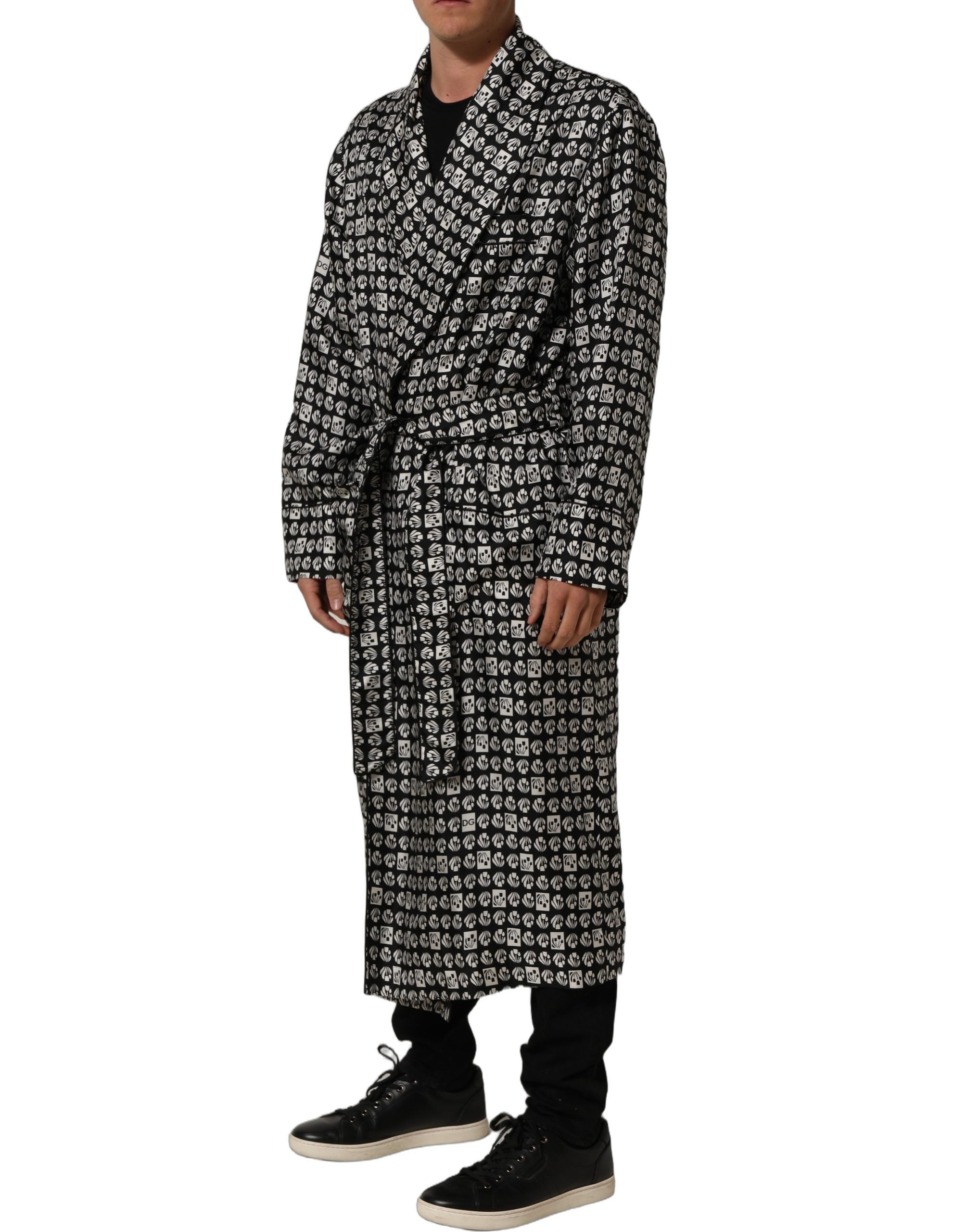Dolce & Gabbana Black White Silk Men Wrap Robe Coat Men's Jacket