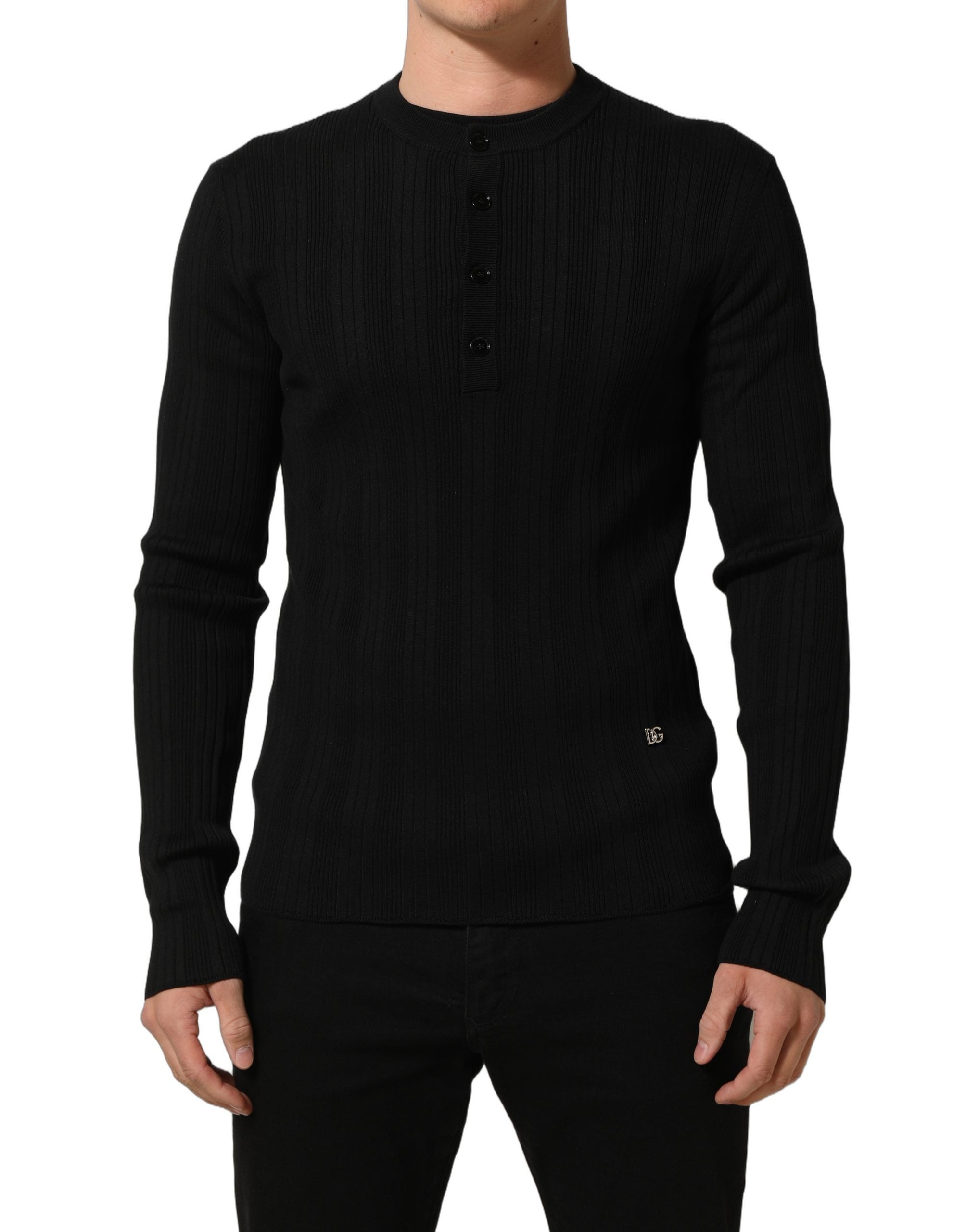 Dolce & Gabbana Black Silk Blend Henley Pullover Men Men's Sweater