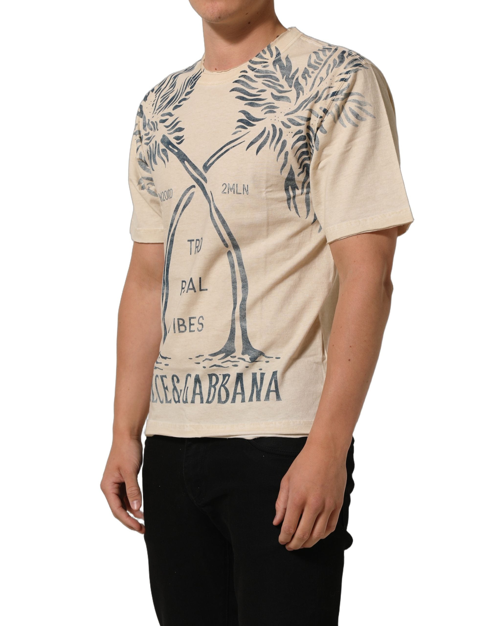 Dolce & Gabbana Beige Cotton Graphic Print Crew Neck Men's T-shirt (Pre-Owned)