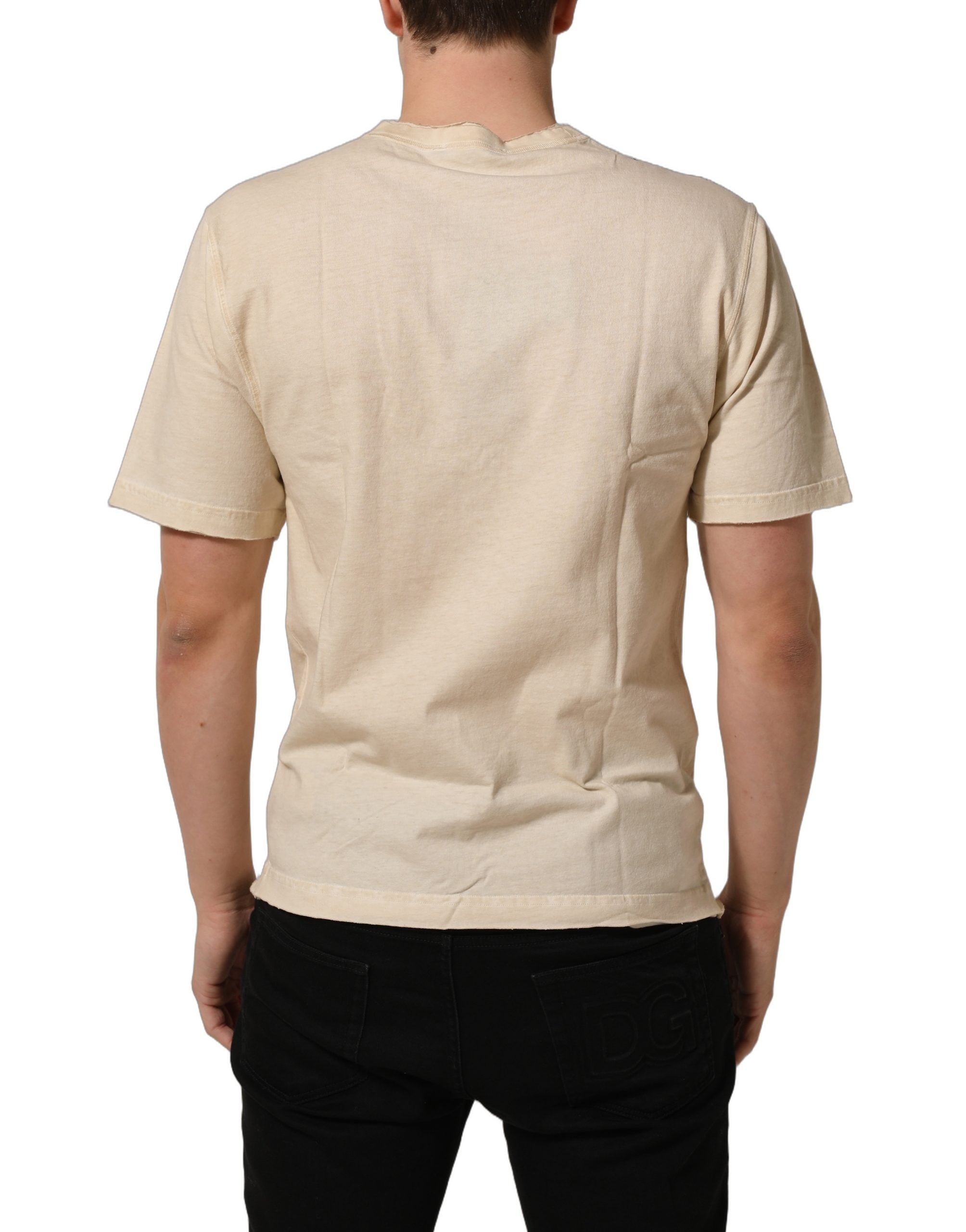 Dolce & Gabbana Beige Cotton Graphic Print Crew Neck Men's T-shirt (Pre-Owned)