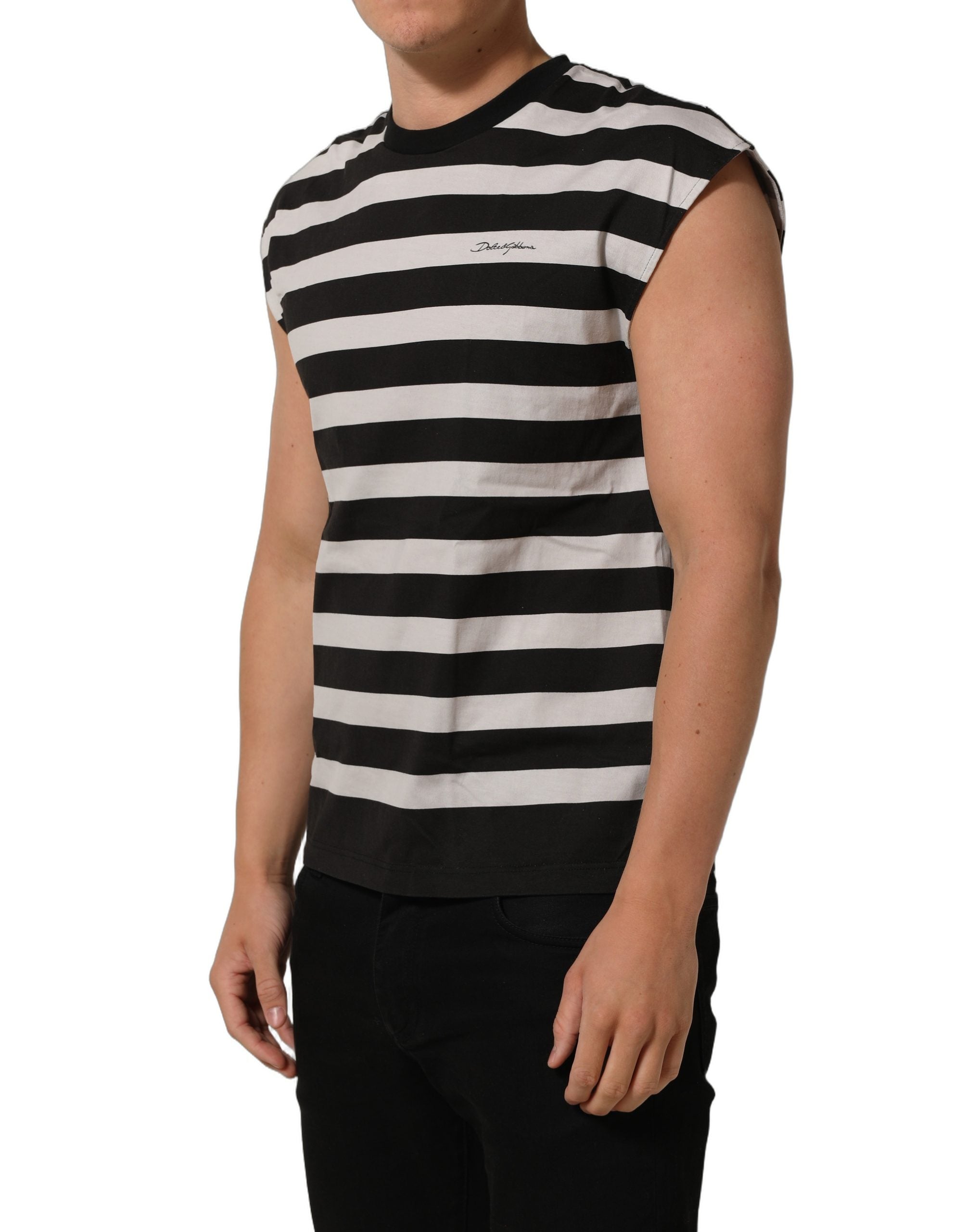 Dolce & Gabbana Black White Stripes Cotton Sleeveless Men's T-shirt