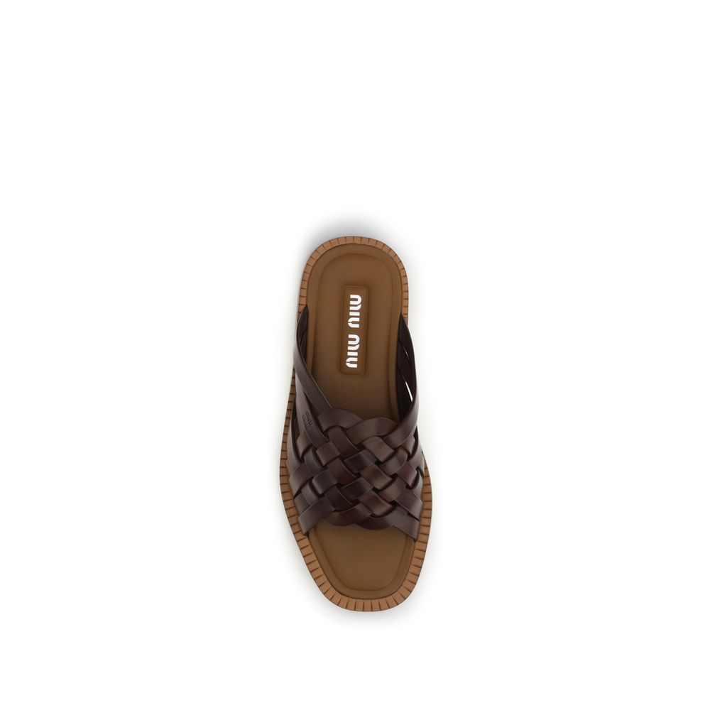 Miu Miu Brown Calf Leather Bos Taurus Flat Women's Sandals