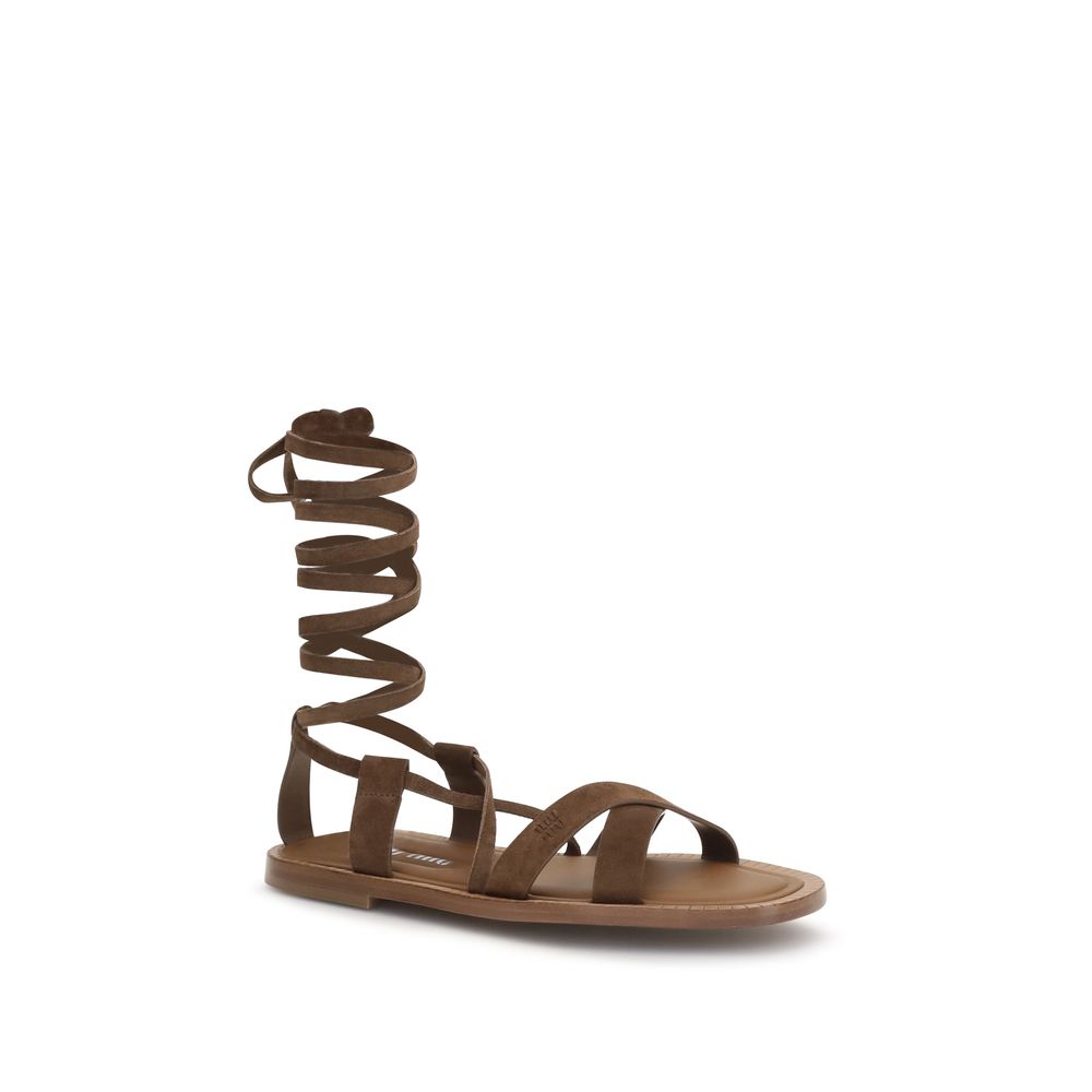 Miu Miu Brown Calf Leather Bos Taurus Strap-On Women's Sandals