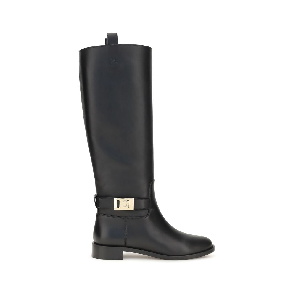 Ferragamo Black Calf Leather Bos Taurus Women's Boots