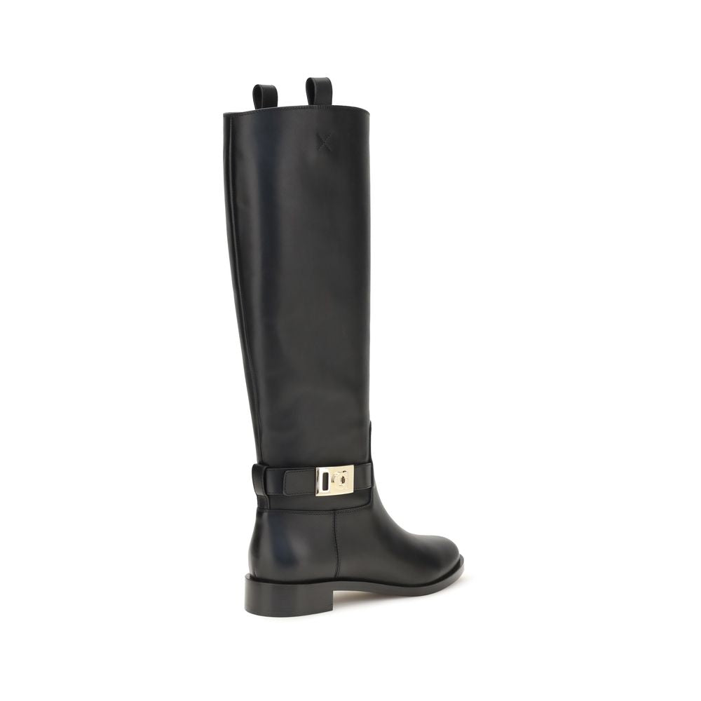 Ferragamo Black Calf Leather Bos Taurus Women's Boots