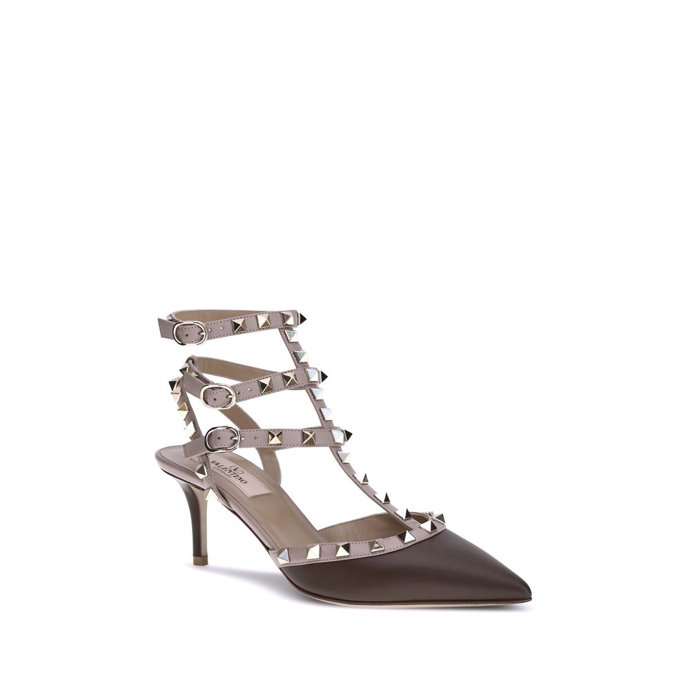 Valentino Garavani Brown Calf Leather Bos Taurus Mid Heel Women's Pumps