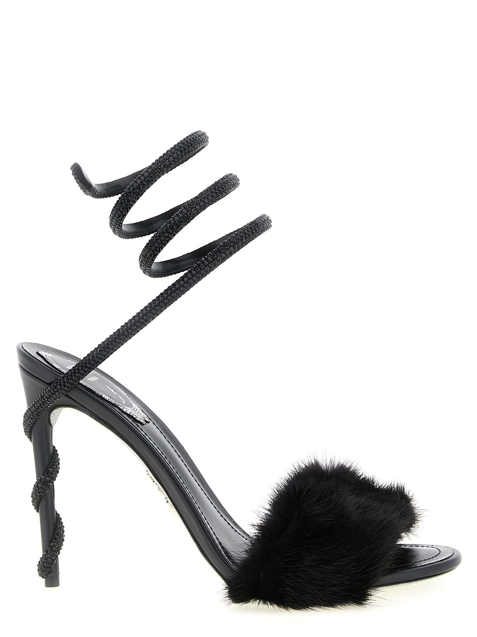 RENE CAOVILLA Black Leather Stiletto Heel Women's Sandals