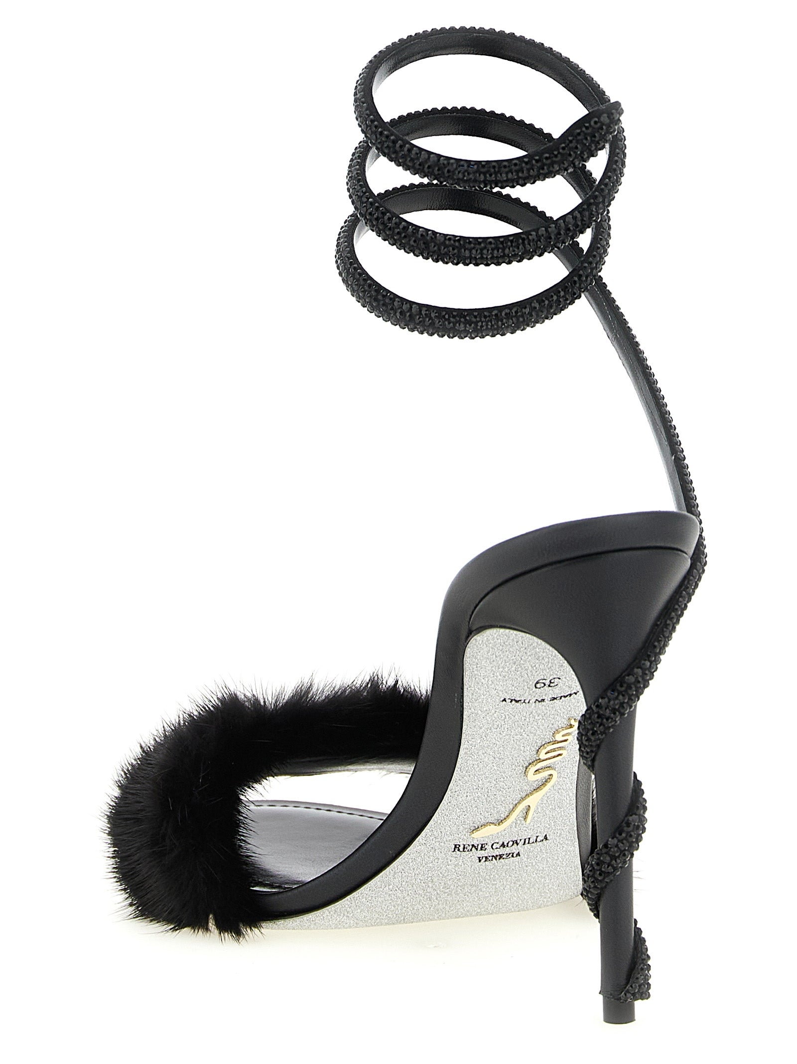 RENE CAOVILLA Black Leather Stiletto Heel Women's Sandals