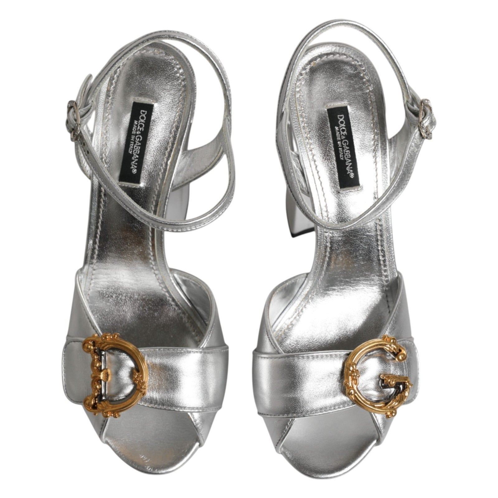 Dolce & Gabbana Silver Logo Ankle Strap Heels Sandals Women's Shoes