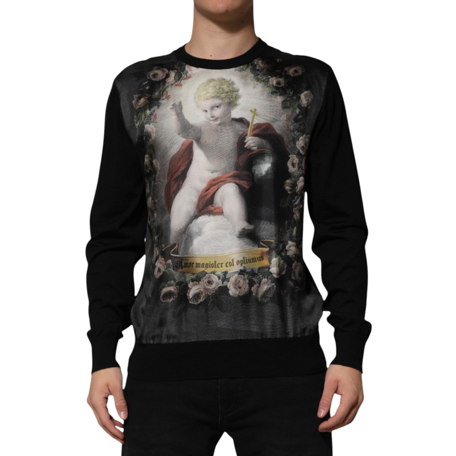 Dolce & Gabbana Black Cashmere Cherub Print Baroque Men's Sweater