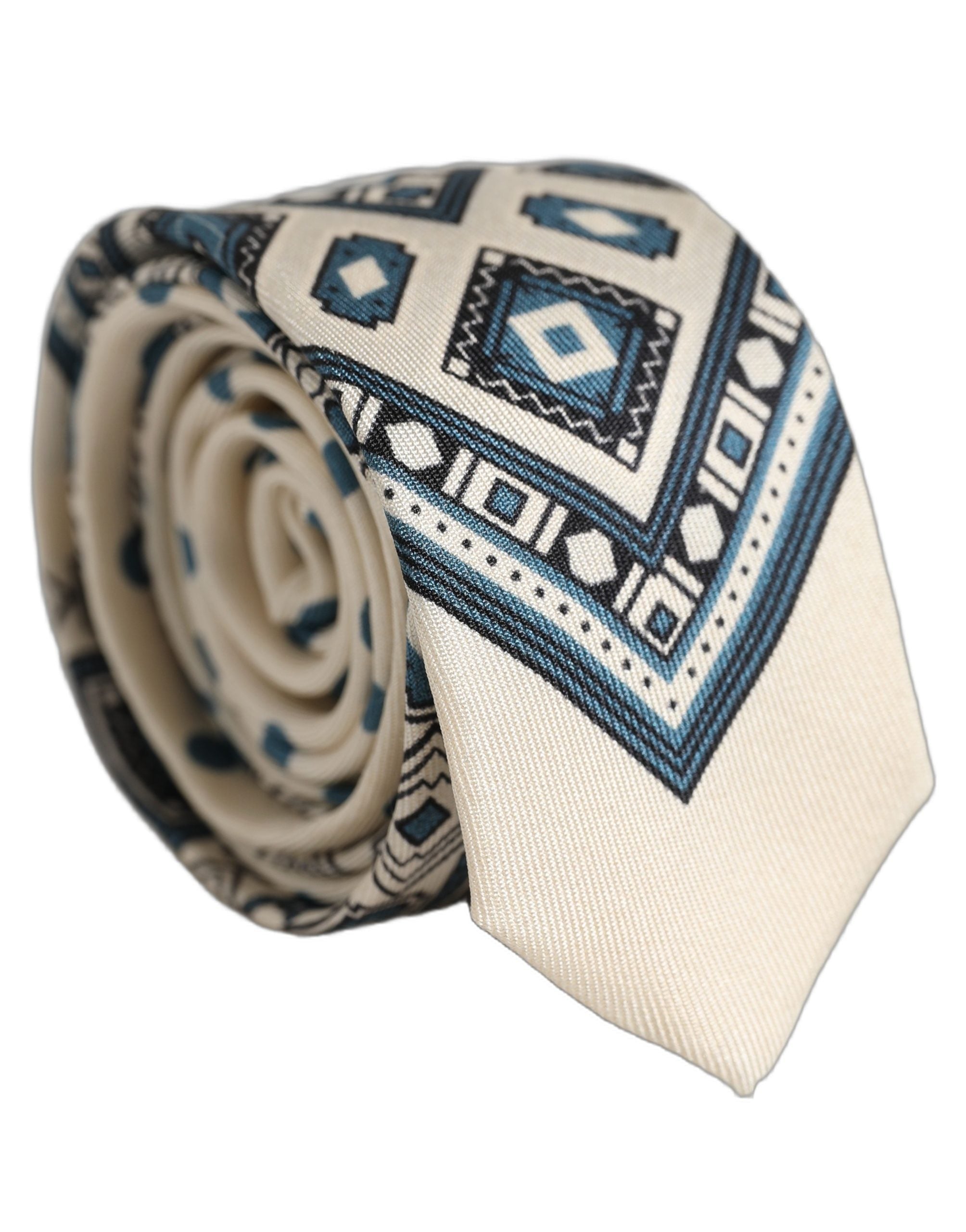 Dolce & Gabbana Men Off White Blue Geometric Adjustable Men'sd NeckMen's Men's Tie