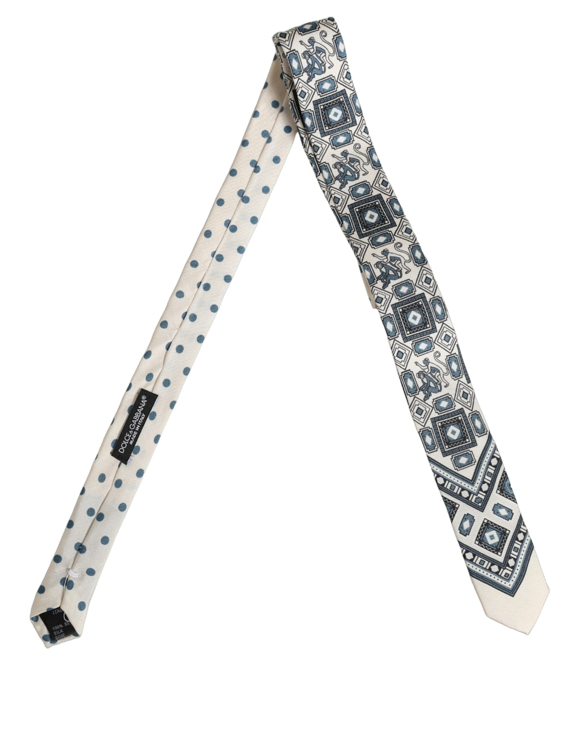 Dolce & Gabbana Men Off White Blue Geometric Adjustable Men'sd NeckMen's Men's Tie
