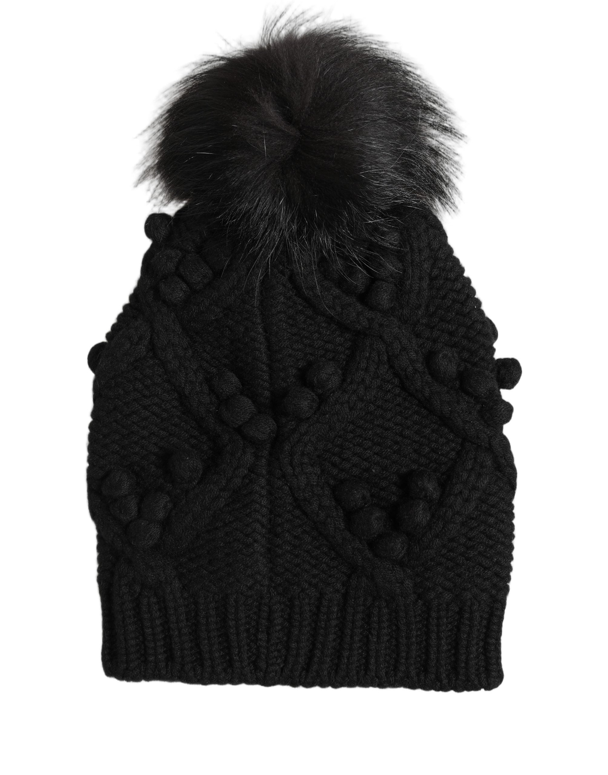 Dolce & Gabbana Black Cashmere Knitted Fur Pom-Pom Beanie One Size Women's Hat
