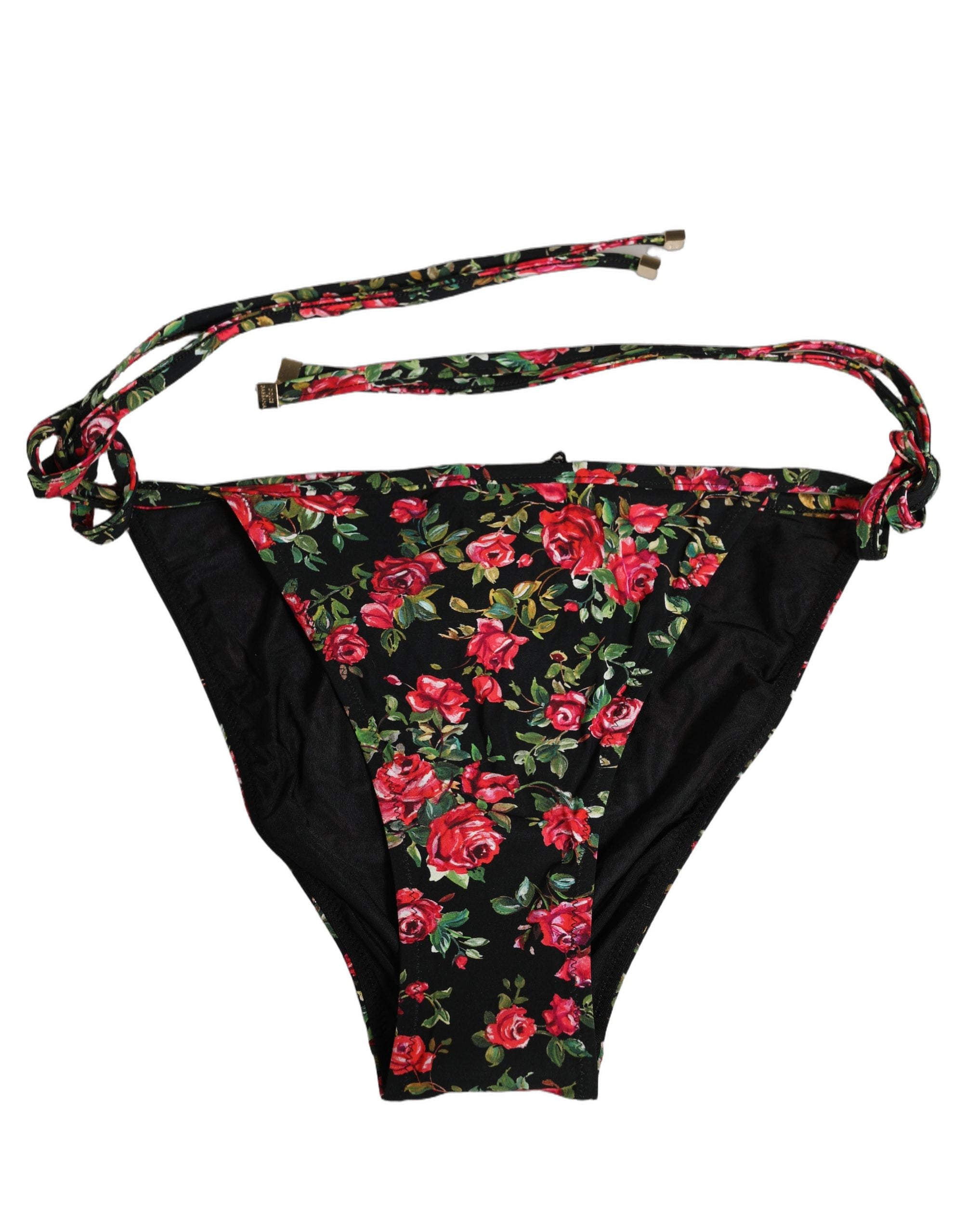 Dolce & Gabbana Black Floral Print Nylon Beachwear Bikini Women's Bottom
