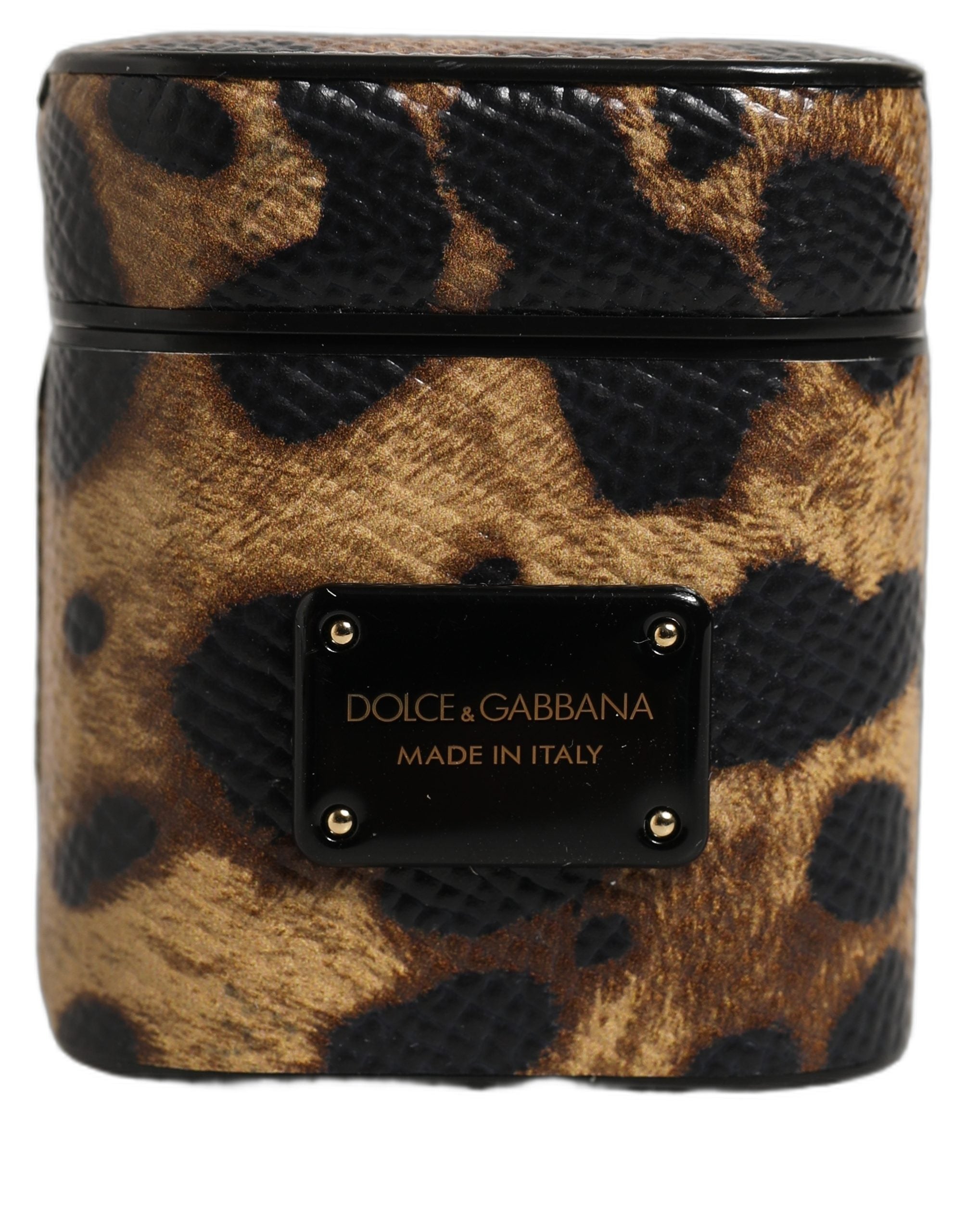 Dolce & Gabbana Brown Leopard Calf Leather Metal Logo Plaque Airpods Women's Case