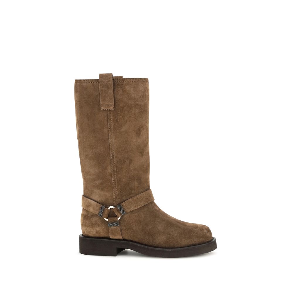 Brunello Cucinelli Brown Calf Leather Bos Taurus Flat Women's Boots