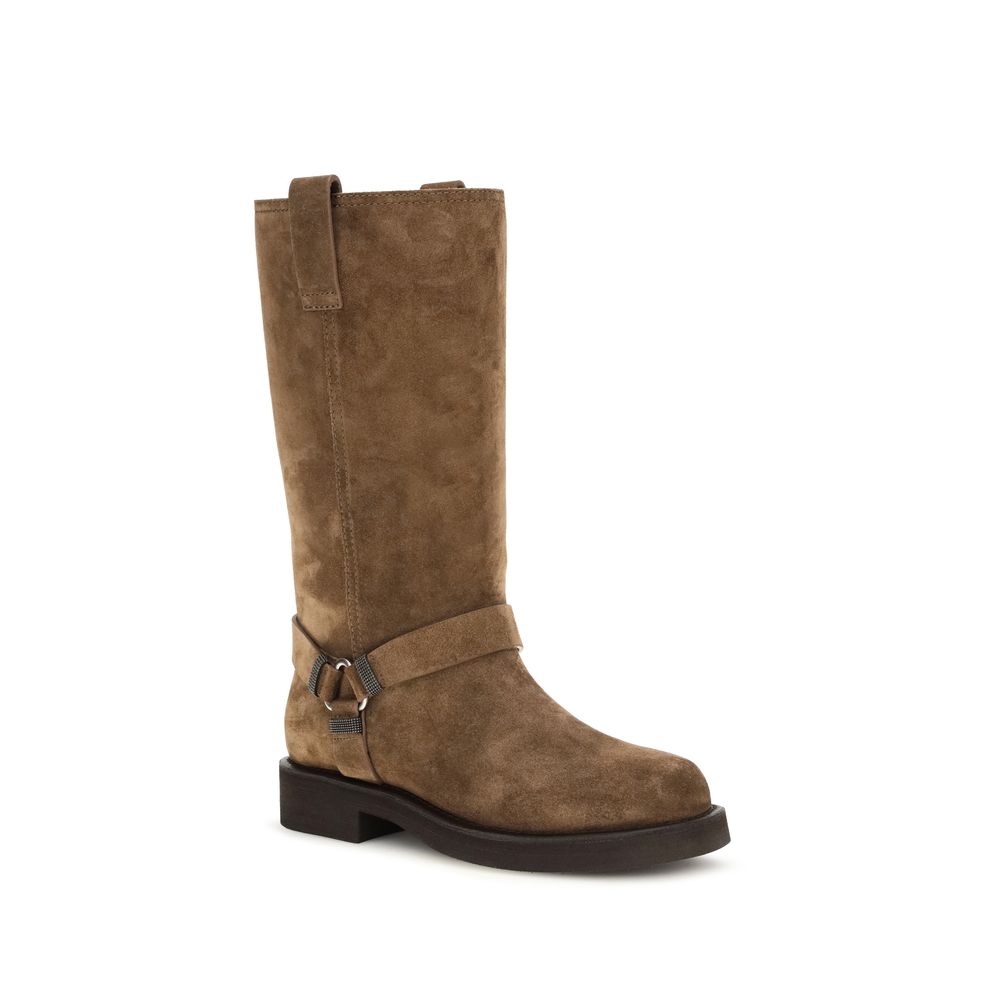Brunello Cucinelli Brown Calf Leather Bos Taurus Flat Women's Boots