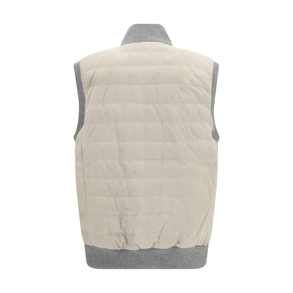 Brunello Cucinelli Beige Calf Leather Bos Taurus Sleeveless Men's Jacket