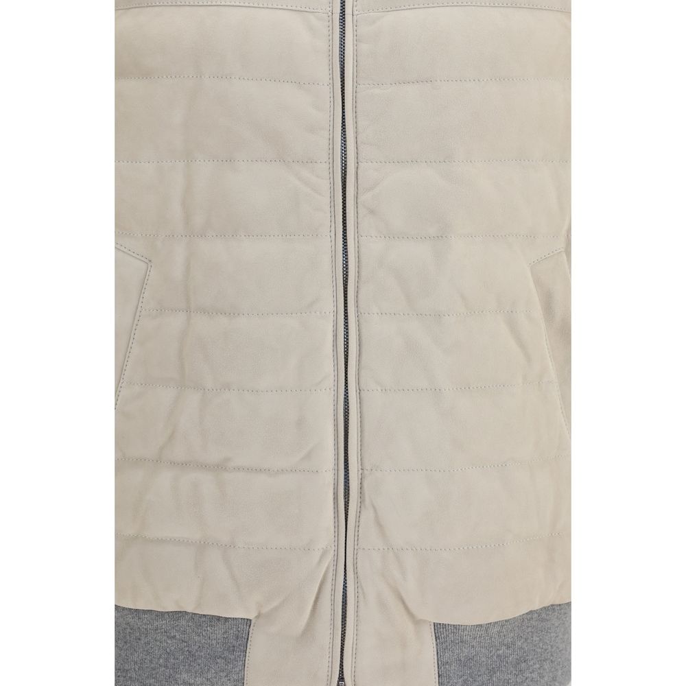 Brunello Cucinelli Beige Calf Leather Bos Taurus Sleeveless Men's Jacket