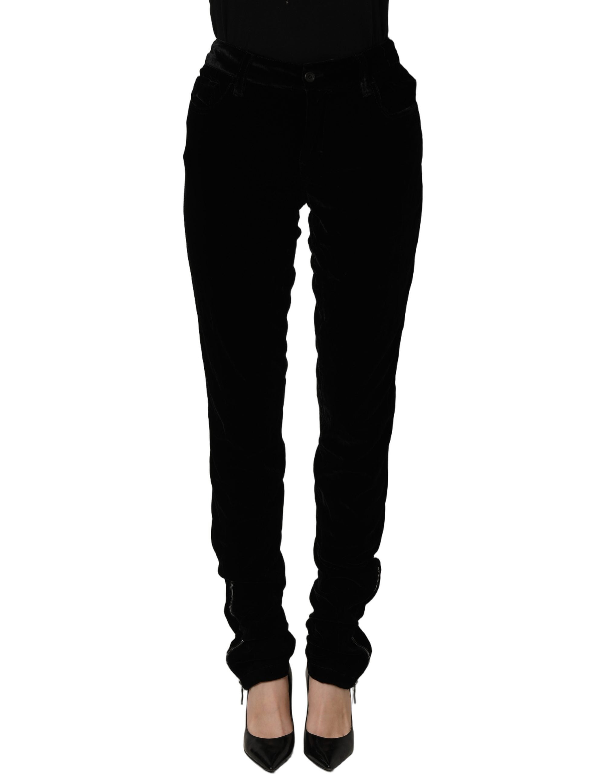 Ermanno Scervino Black Viscose Blend Velvet Slim Fit Women's Pants