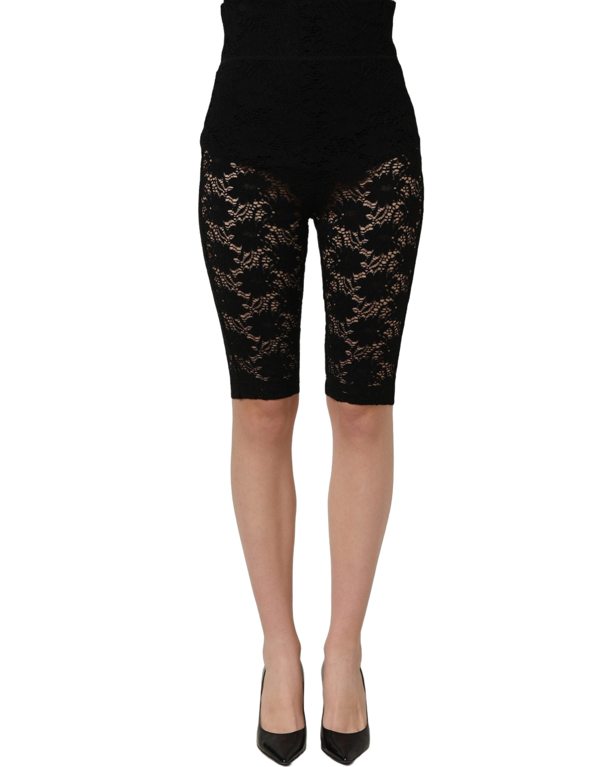 Dolce & Gabbana Black High Waist Sheer Floral Lace Women's Shorts