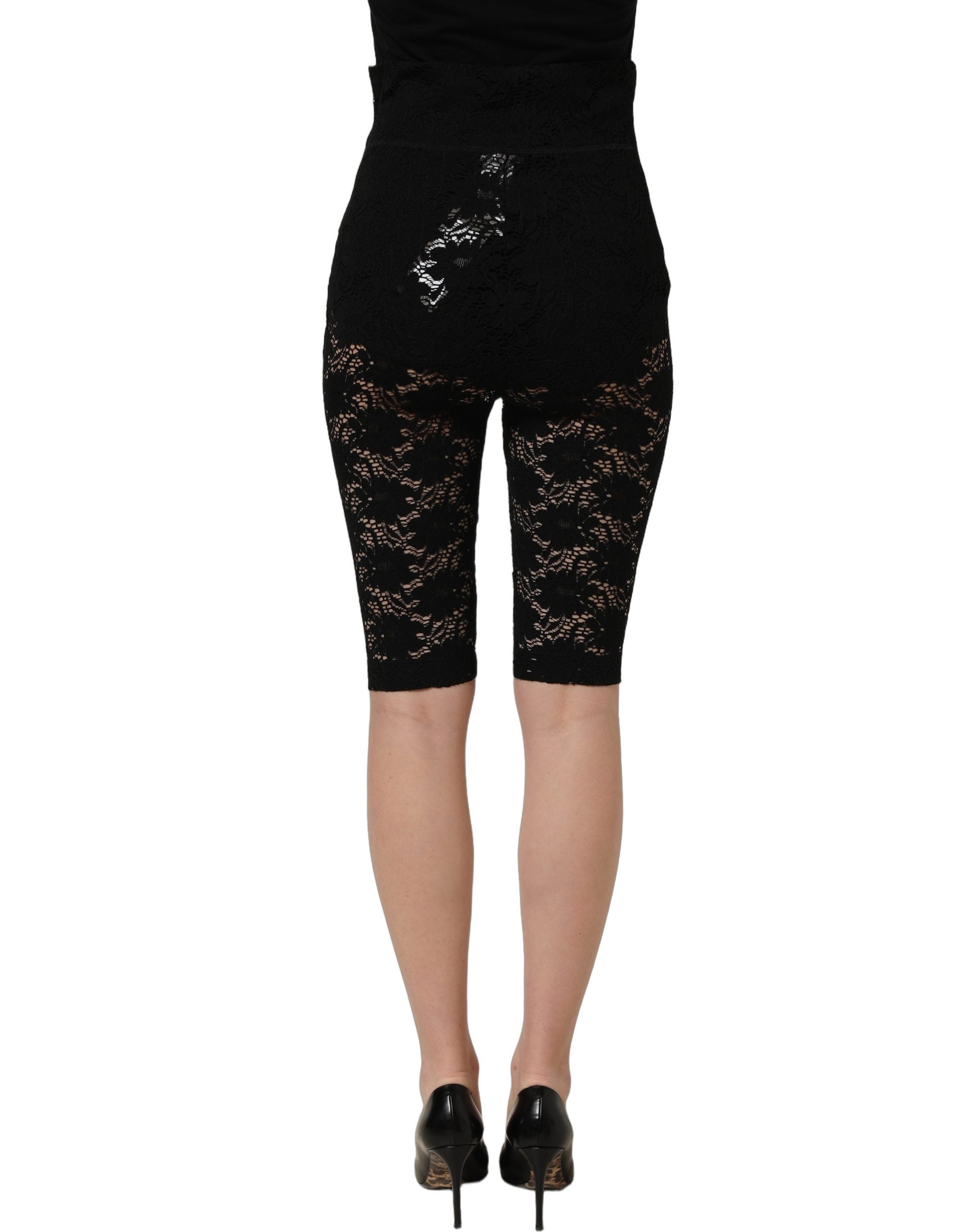 Dolce & Gabbana Black High Waist Sheer Floral Lace Women's Shorts