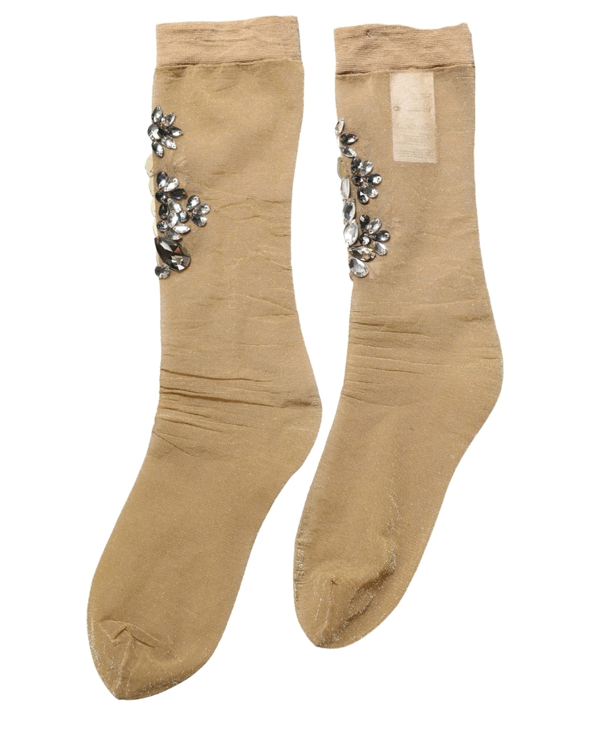 Dolce & Gabbana Brown Stretch Floral Clear Crystal Stockings Women's Socks (Pre-Owned)