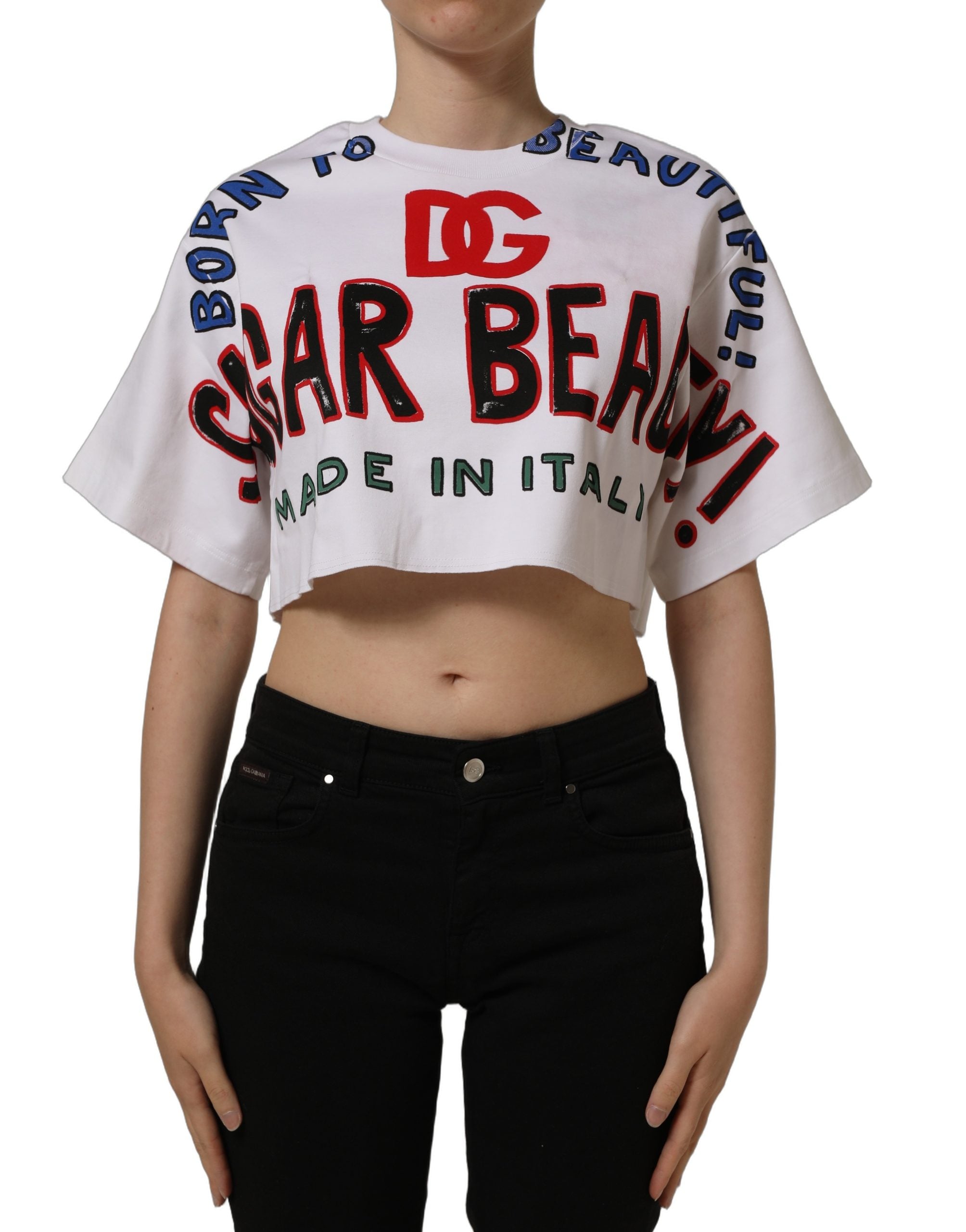 Dolce & Gabbana White Graphic Cotton Jersey Cropped Women's T-shirt (Pre-Owned)