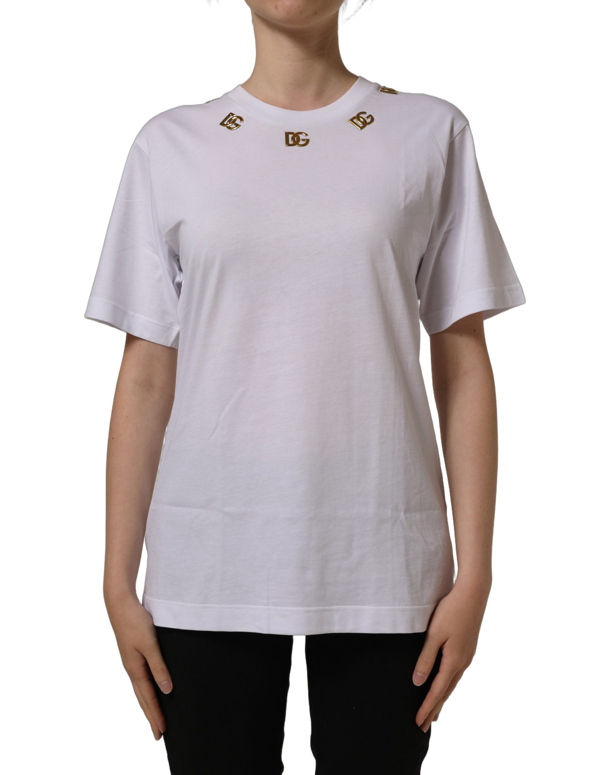 Dolce & Gabbana White Cotton Gold DG Logo Crew Neck Women's T-shirt