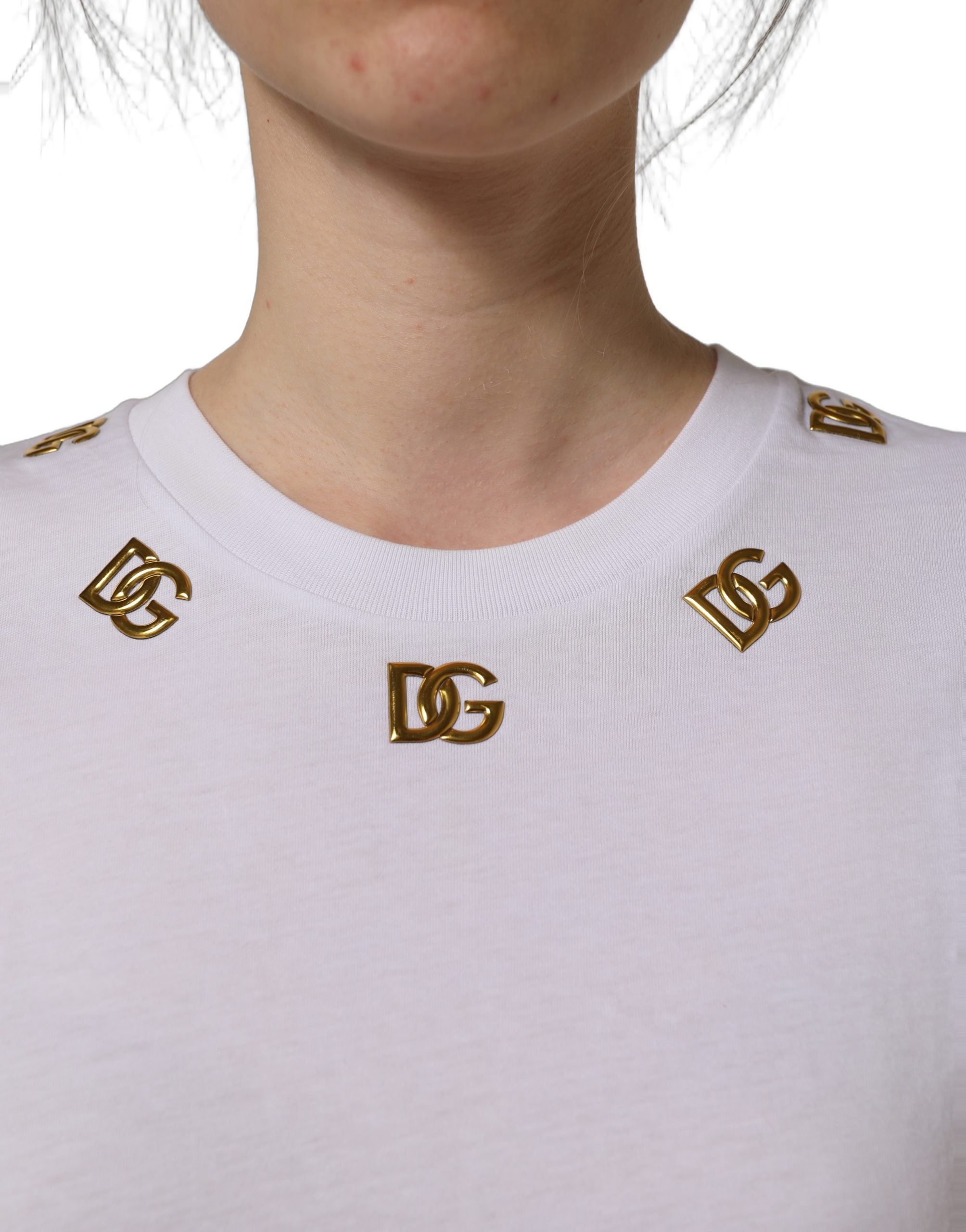 Dolce & Gabbana White Cotton Gold DG Logo Crew Neck Women's T-shirt