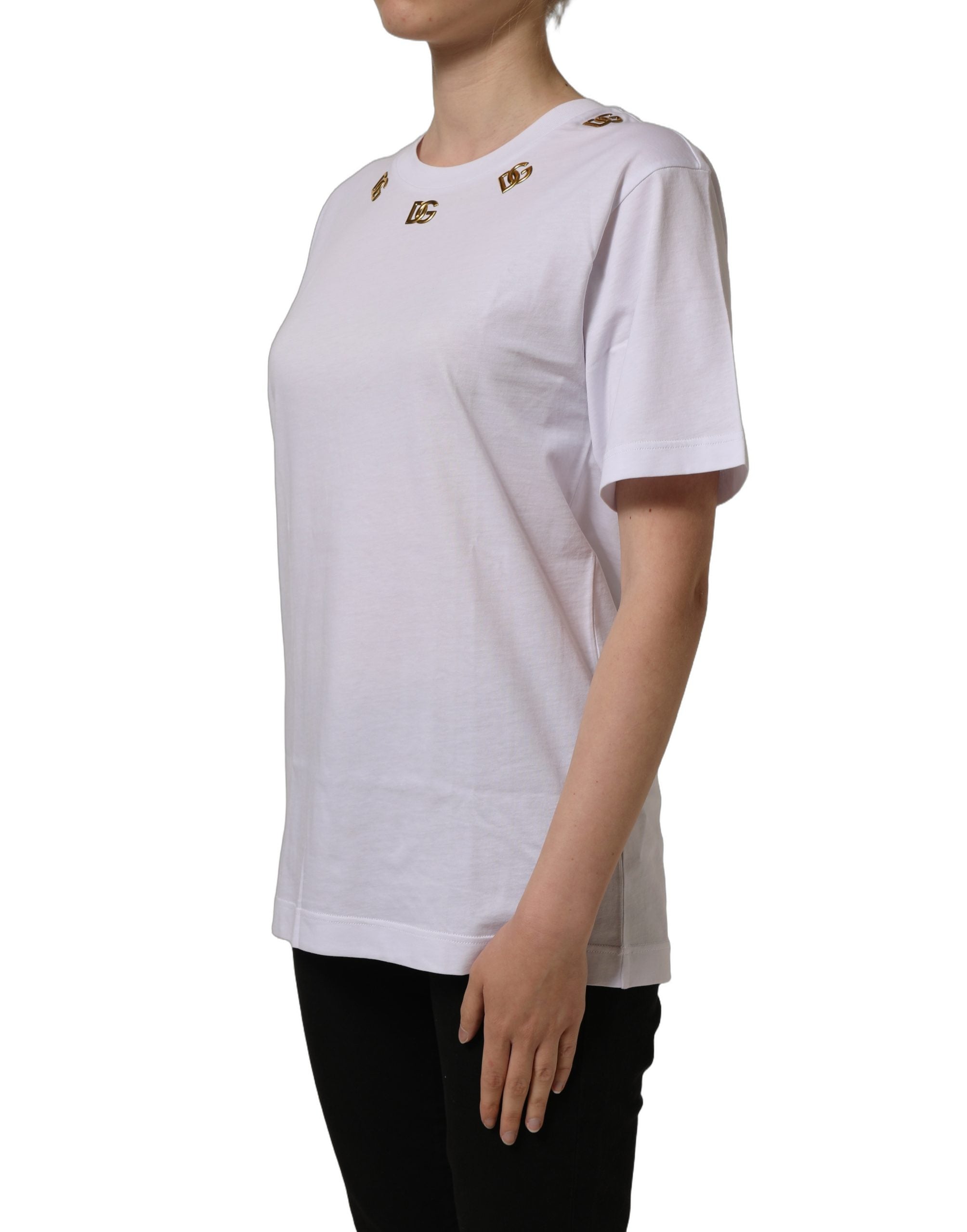 Dolce & Gabbana White Cotton Gold DG Logo Crew Neck Women's T-shirt