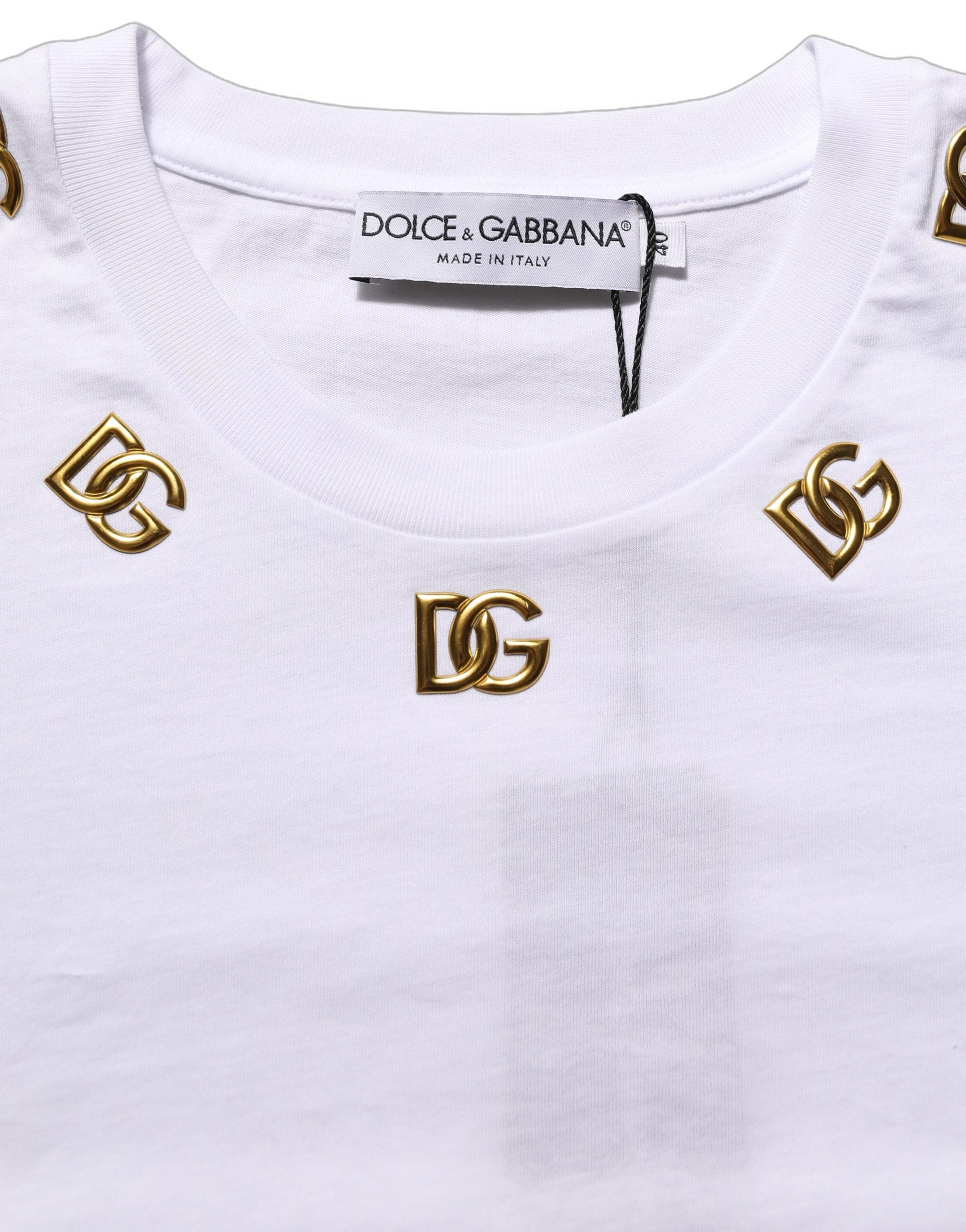 Dolce & Gabbana White Cotton Gold DG Logo Crew Neck Women's T-shirt
