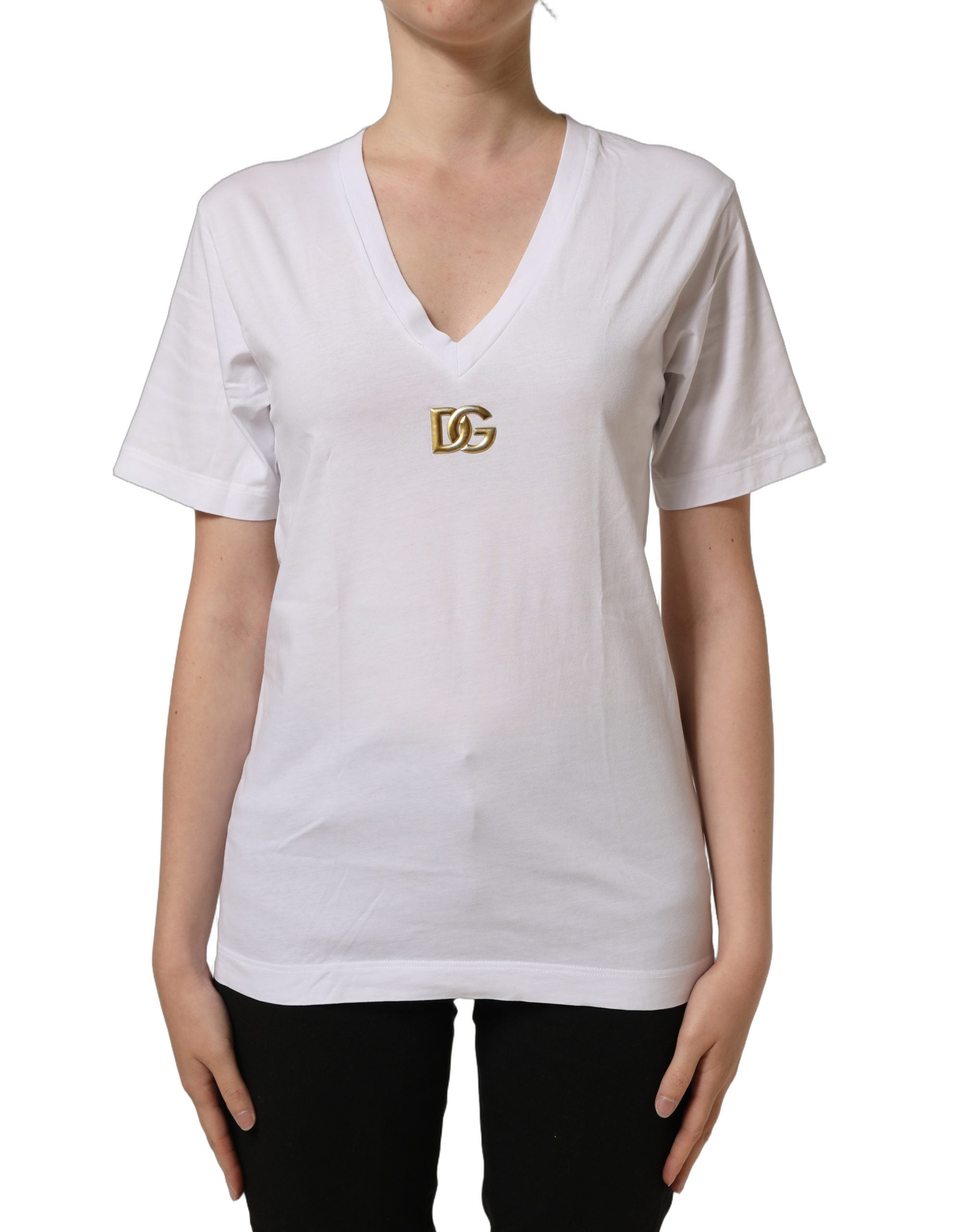 Dolce & Gabbana White Cotton Gold DG Logo V-Neck Women's T-shirt (Pre-Owned)