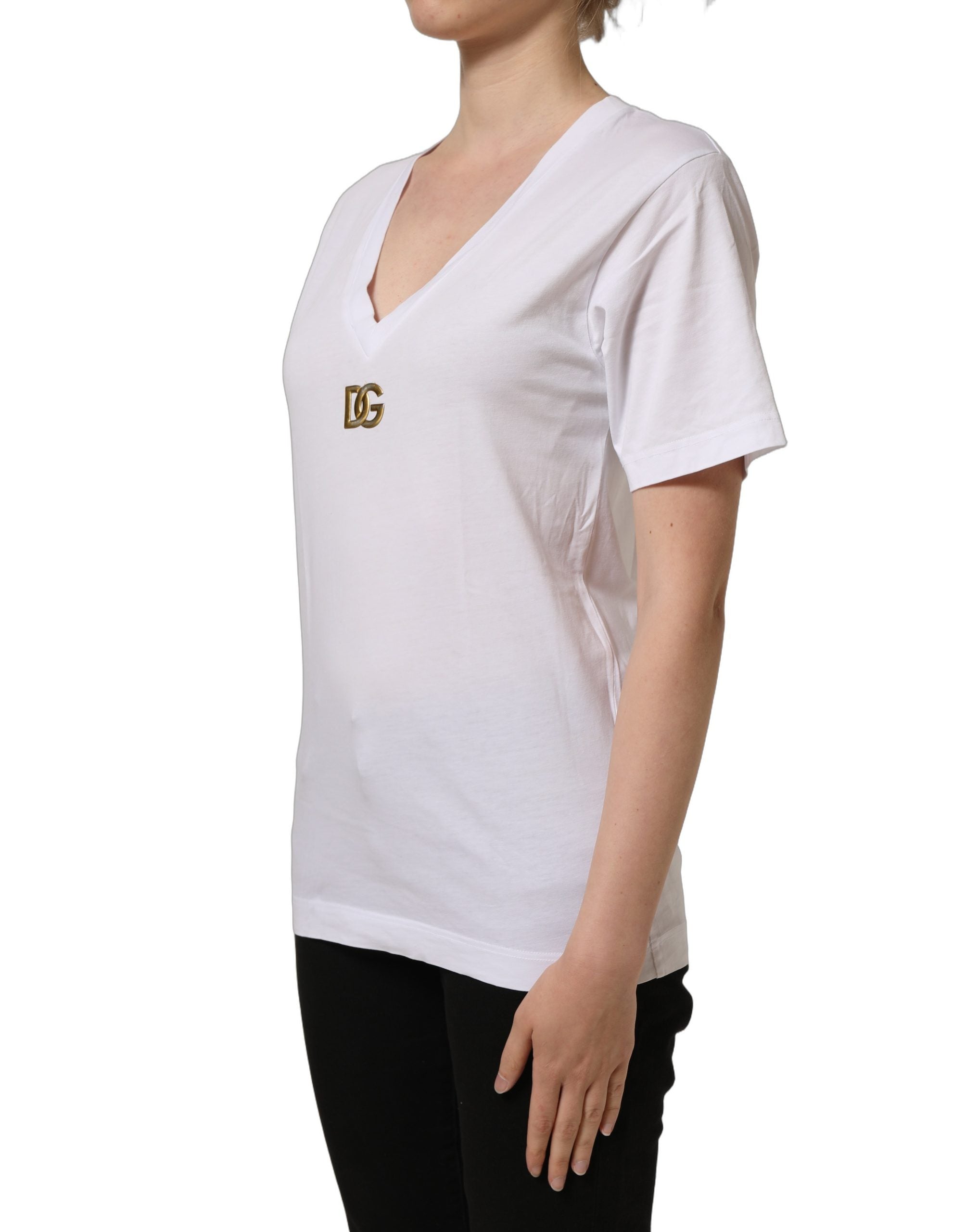 Dolce & Gabbana White Cotton Gold DG Logo V-Neck Women's T-shirt (Pre-Owned)