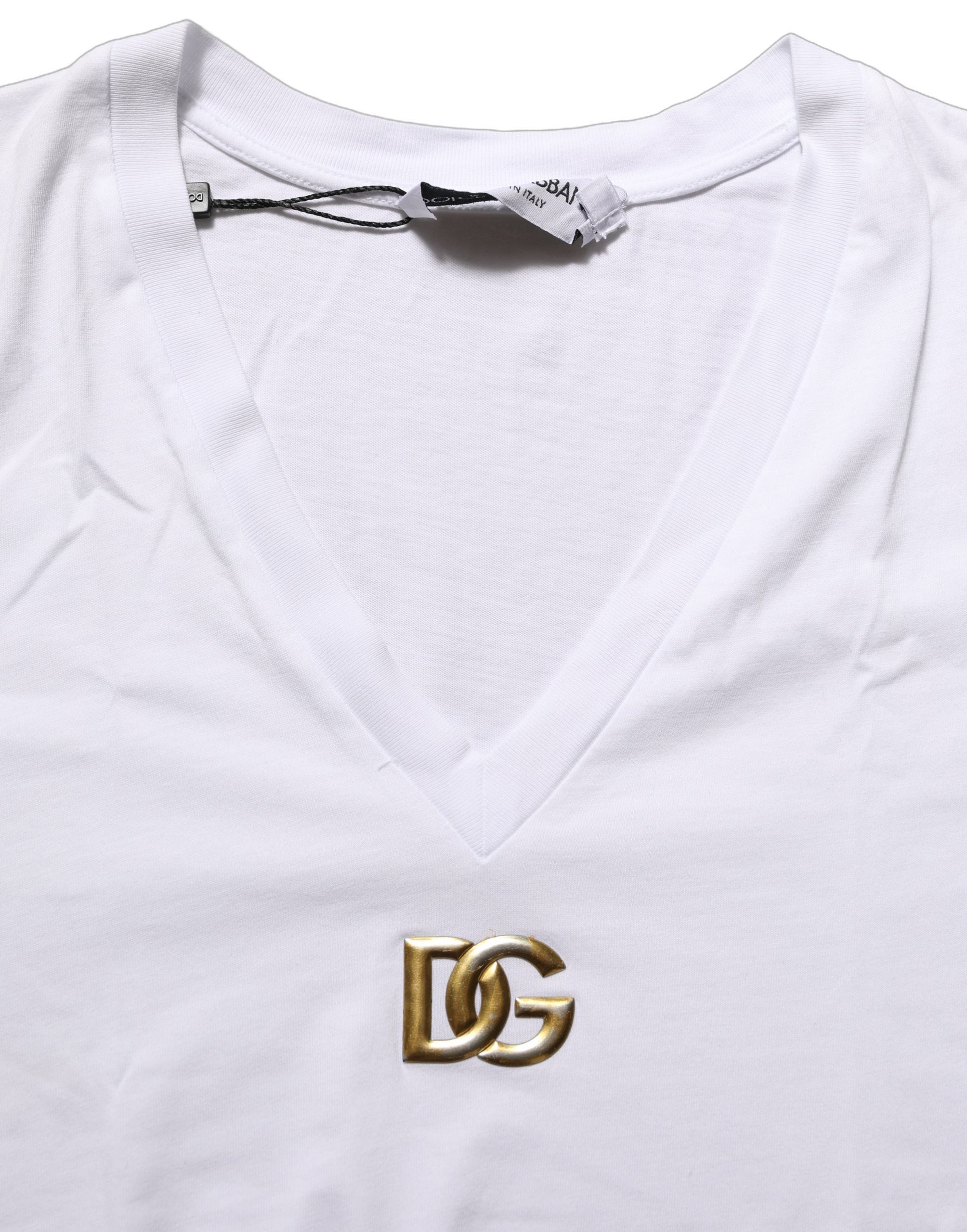 Dolce & Gabbana White Cotton Gold DG Logo V-Neck Women's T-shirt (Pre-Owned)