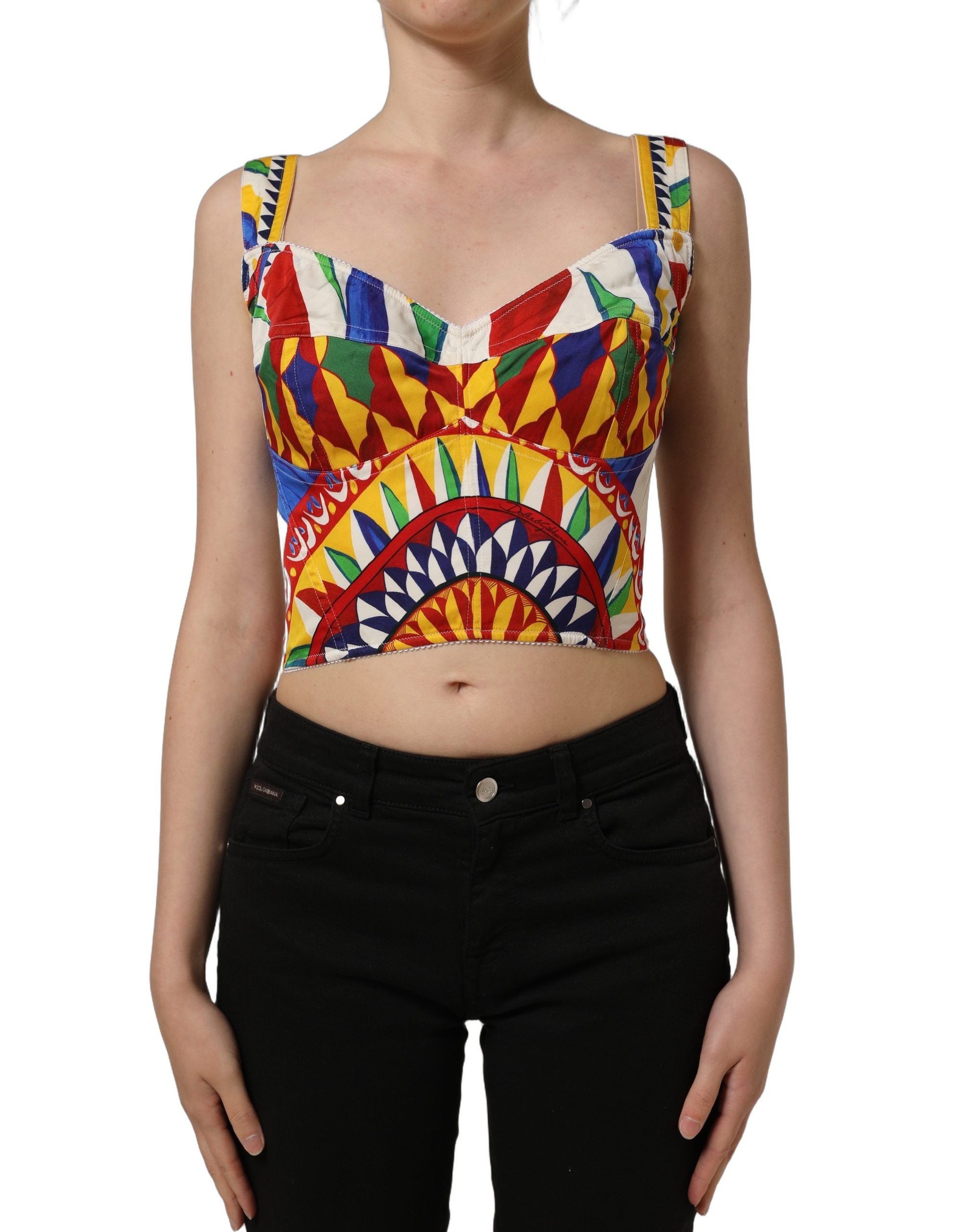 Dolce & Gabbana Multicolor Silk Carretto Print Cropped Tank Women's Top (Pre-Owned)