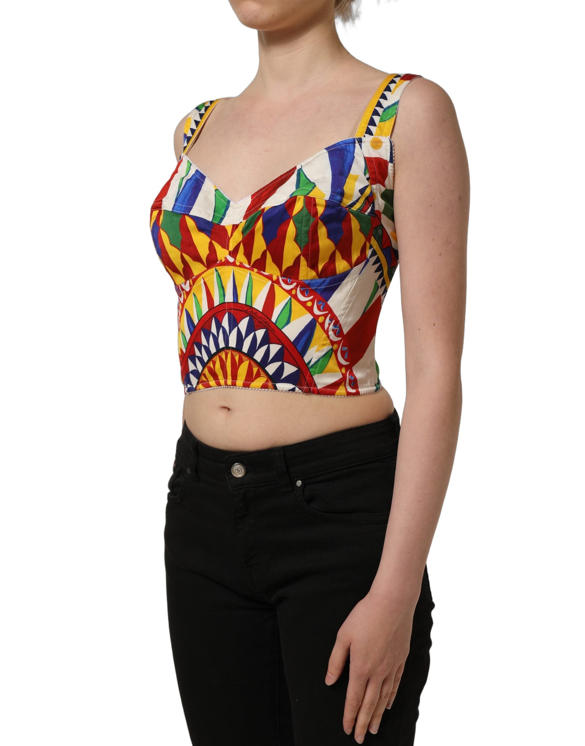 Dolce & Gabbana Multicolor Silk Carretto Print Cropped Tank Women's Top (Pre-Owned)