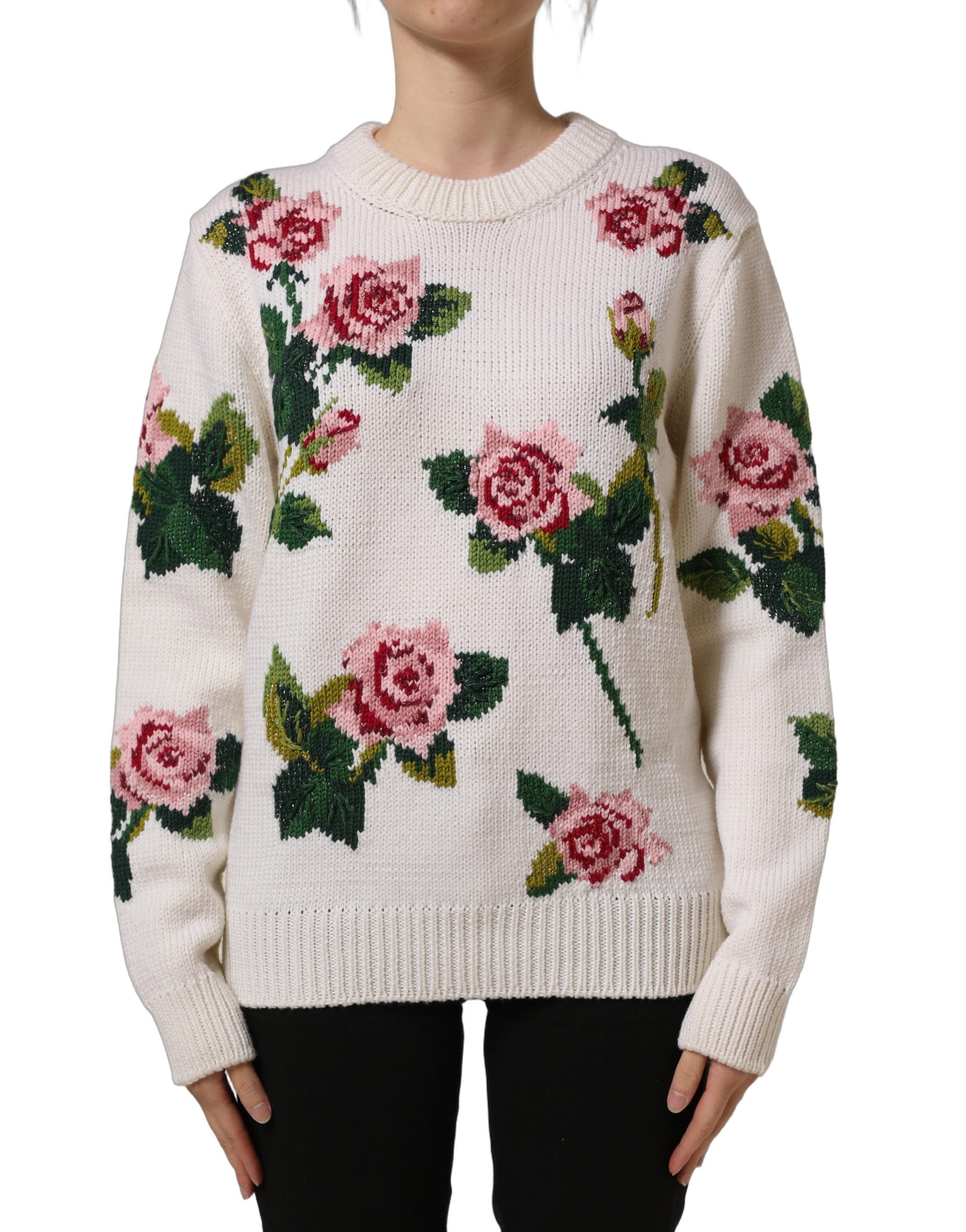Dolce & Gabbana White Wool Floral Crew Neck Pullover Women's Sweater