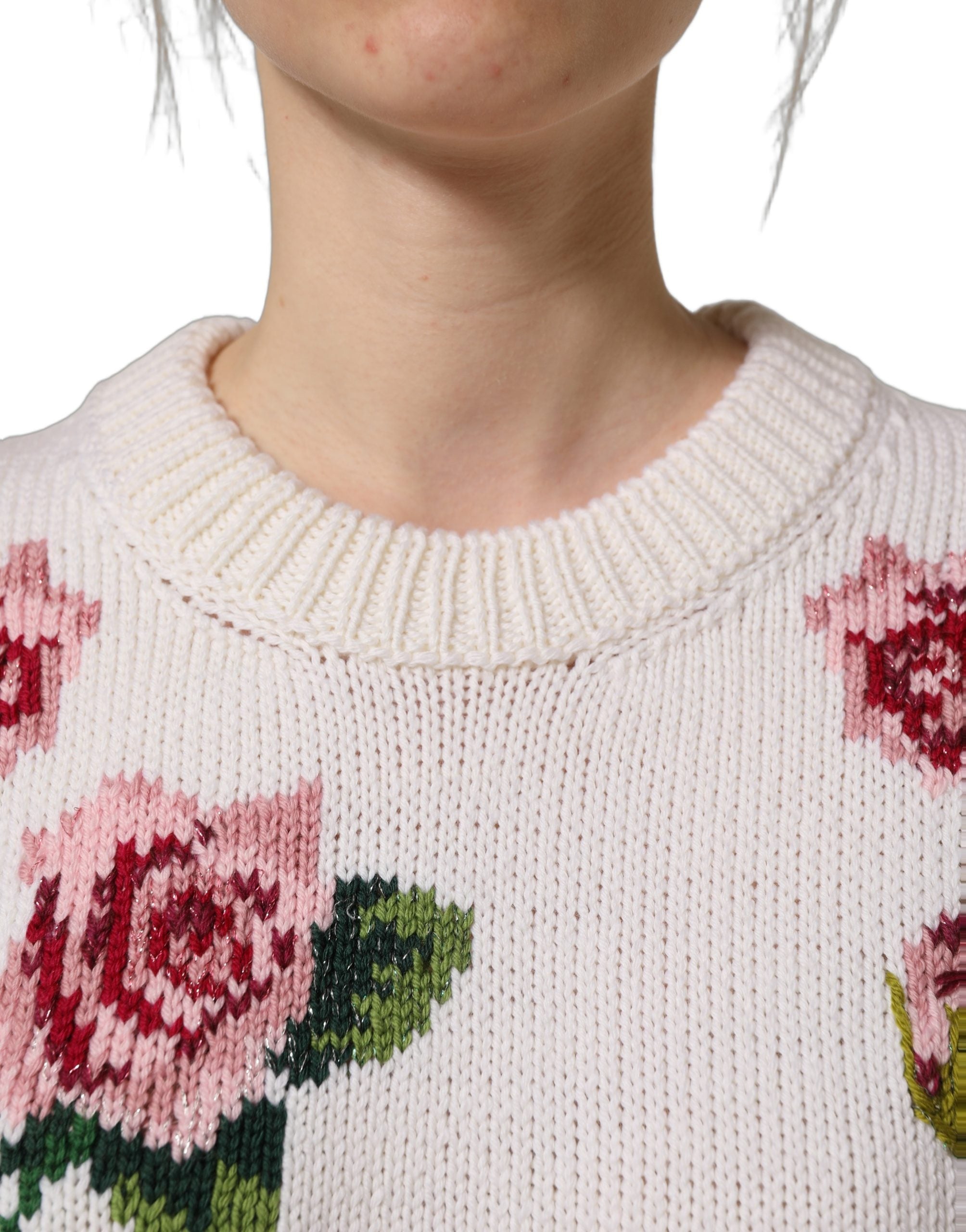 Dolce & Gabbana White Wool Floral Crew Neck Pullover Women's Sweater