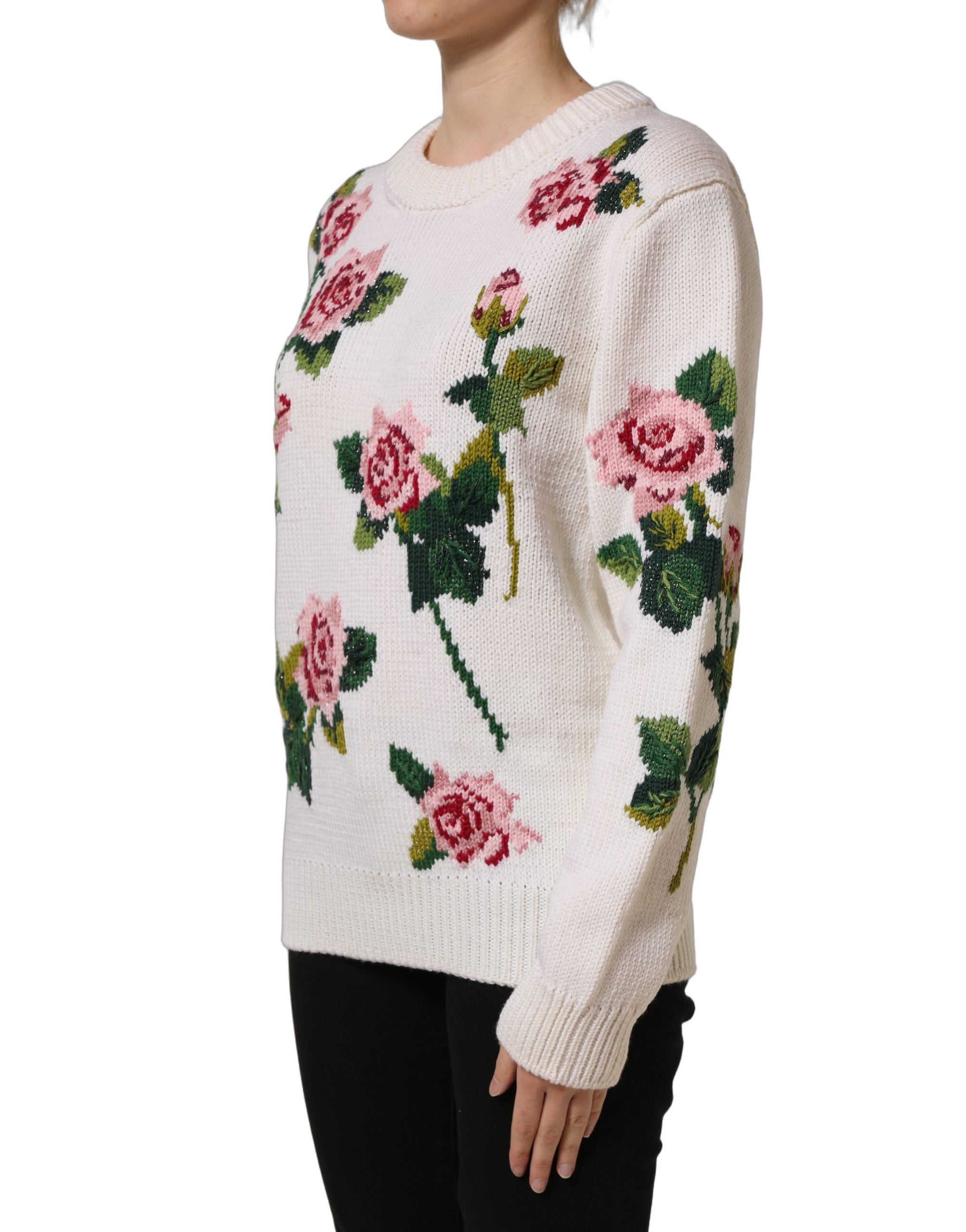 Dolce & Gabbana White Wool Floral Crew Neck Pullover Women's Sweater