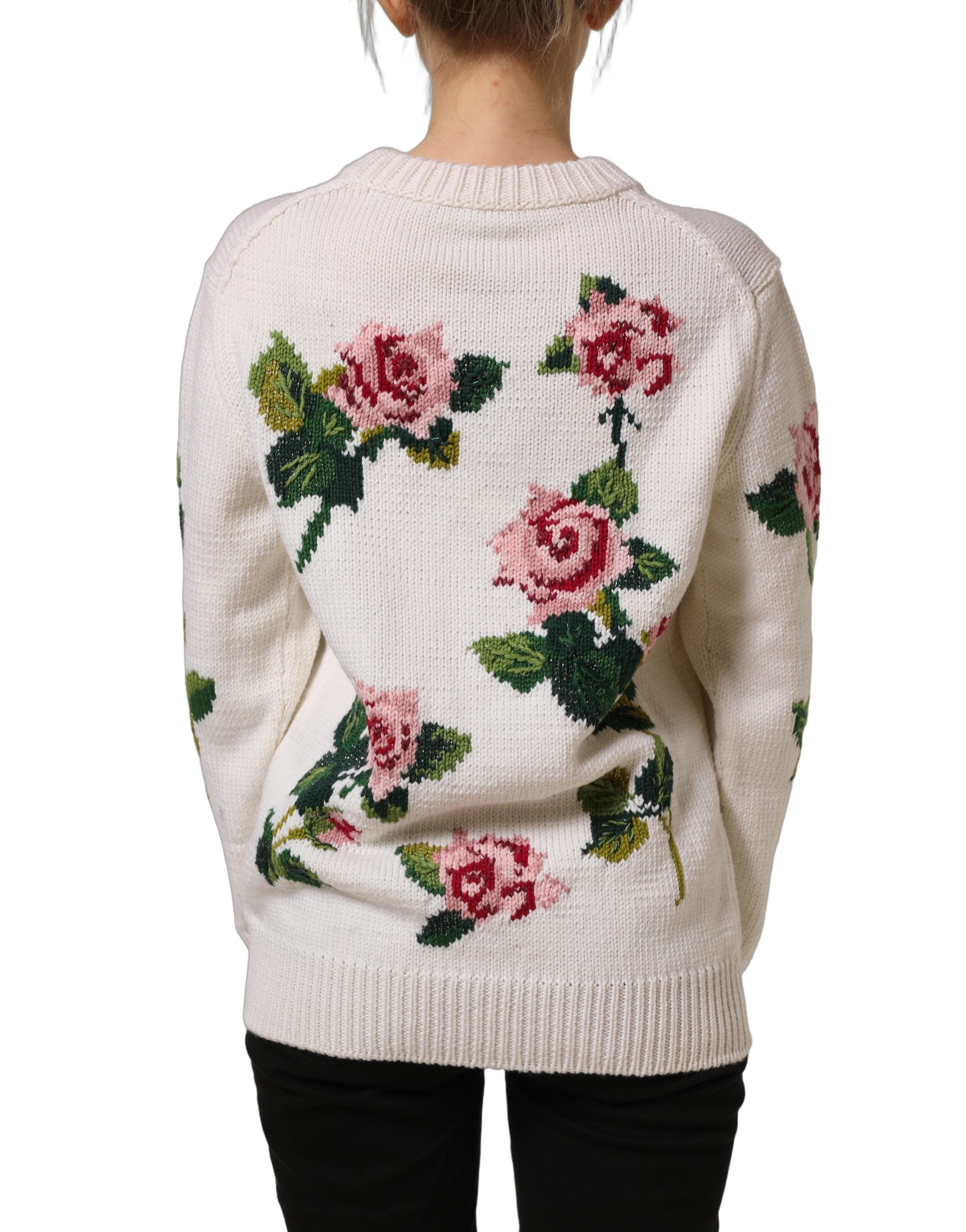Dolce & Gabbana White Wool Floral Crew Neck Pullover Women's Sweater