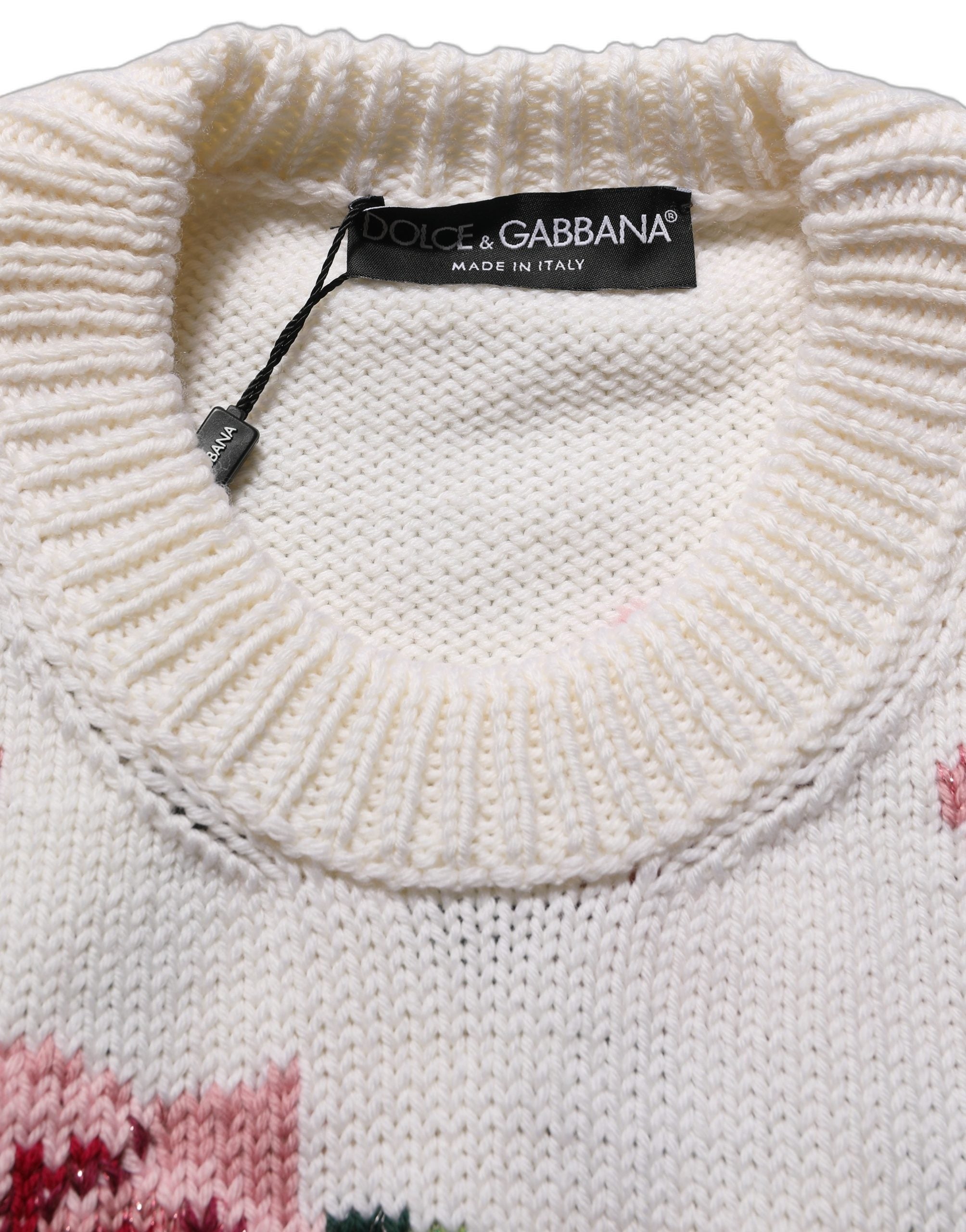 Dolce & Gabbana White Wool Floral Crew Neck Pullover Women's Sweater