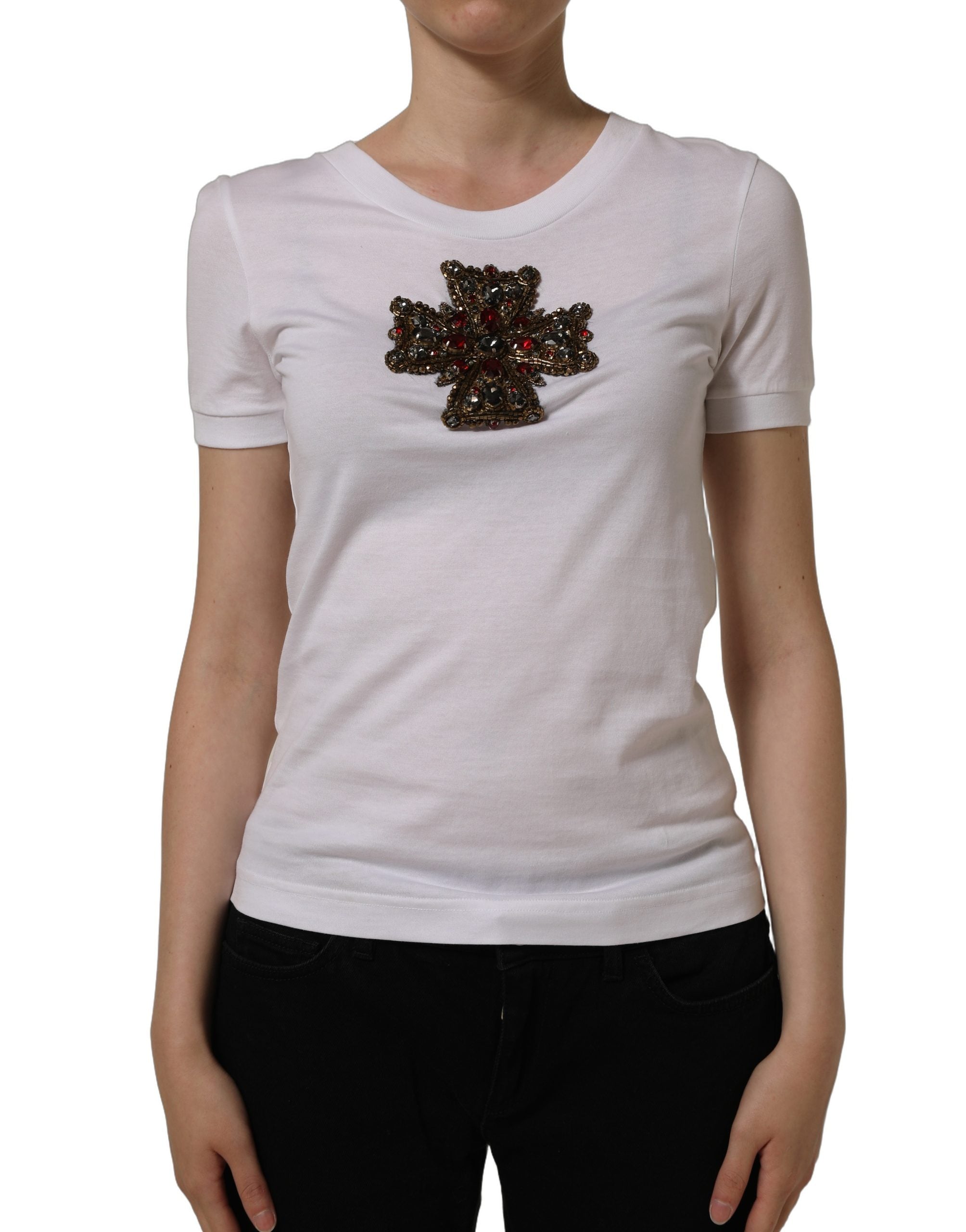 Dolce & Gabbana White Crystal Embellished Cross Top Women's T-shirt