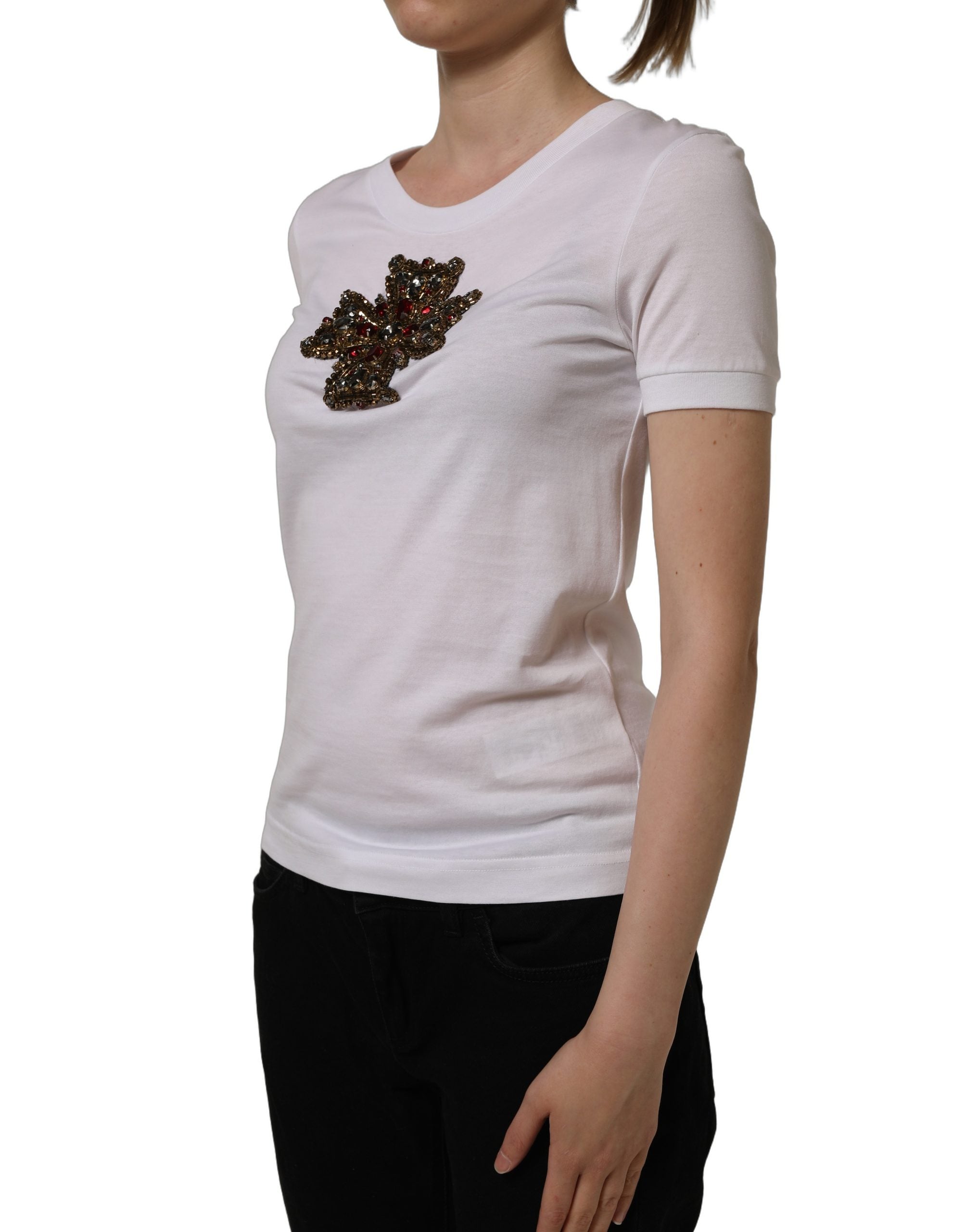 Dolce & Gabbana White Crystal Embellished Cross Top Women's T-shirt