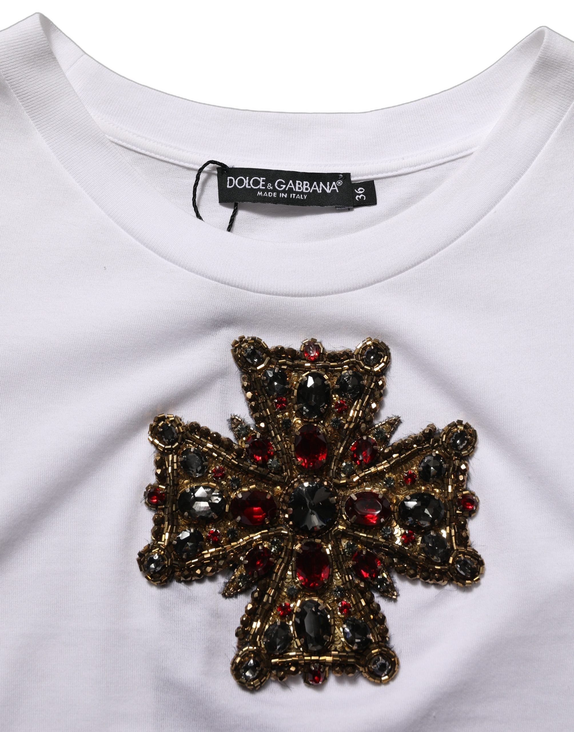 Dolce & Gabbana White Crystal Embellished Cross Top Women's T-shirt